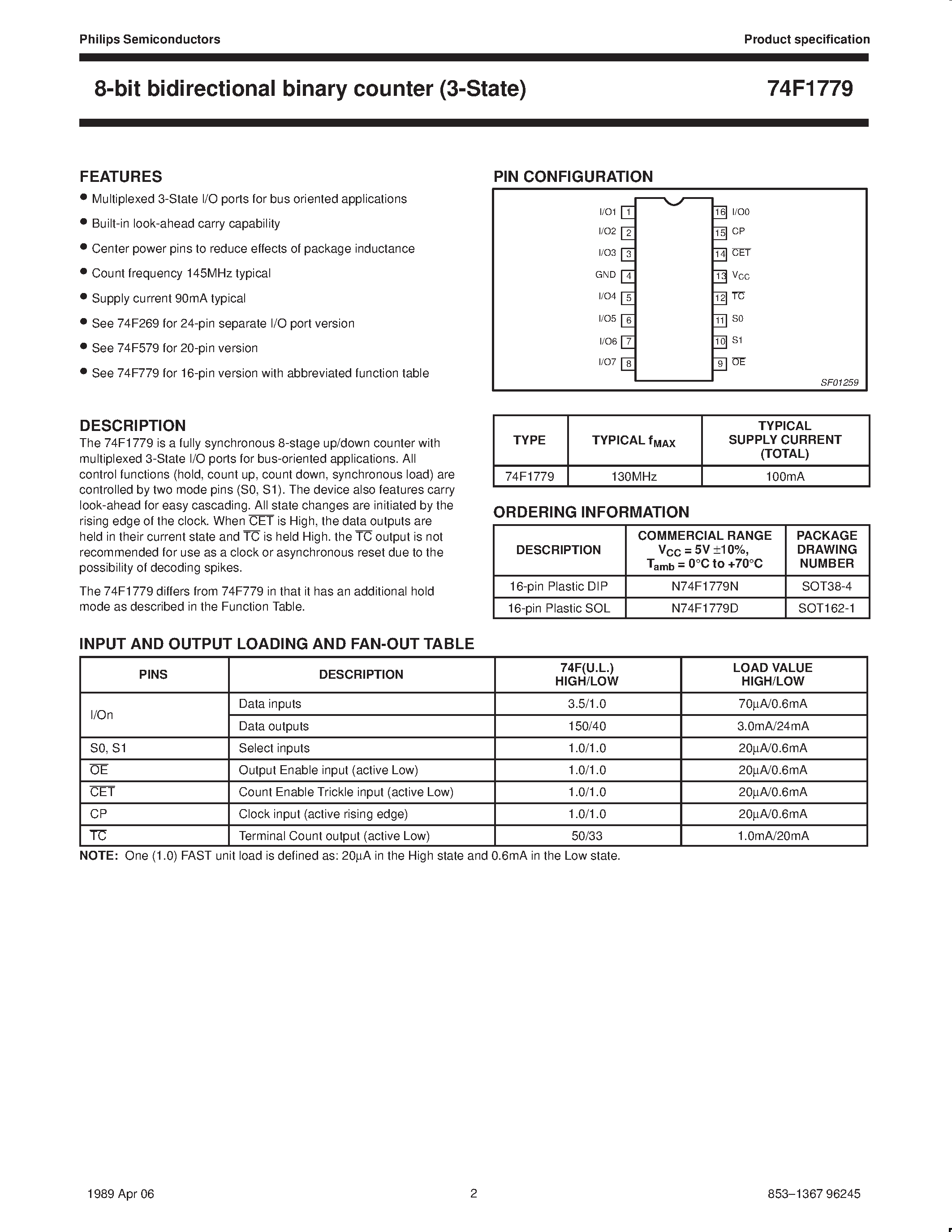 Datasheet 74F1779 page 2 Datasheet 74F1779 - 8-bit bidirectional binary counter -State page 2