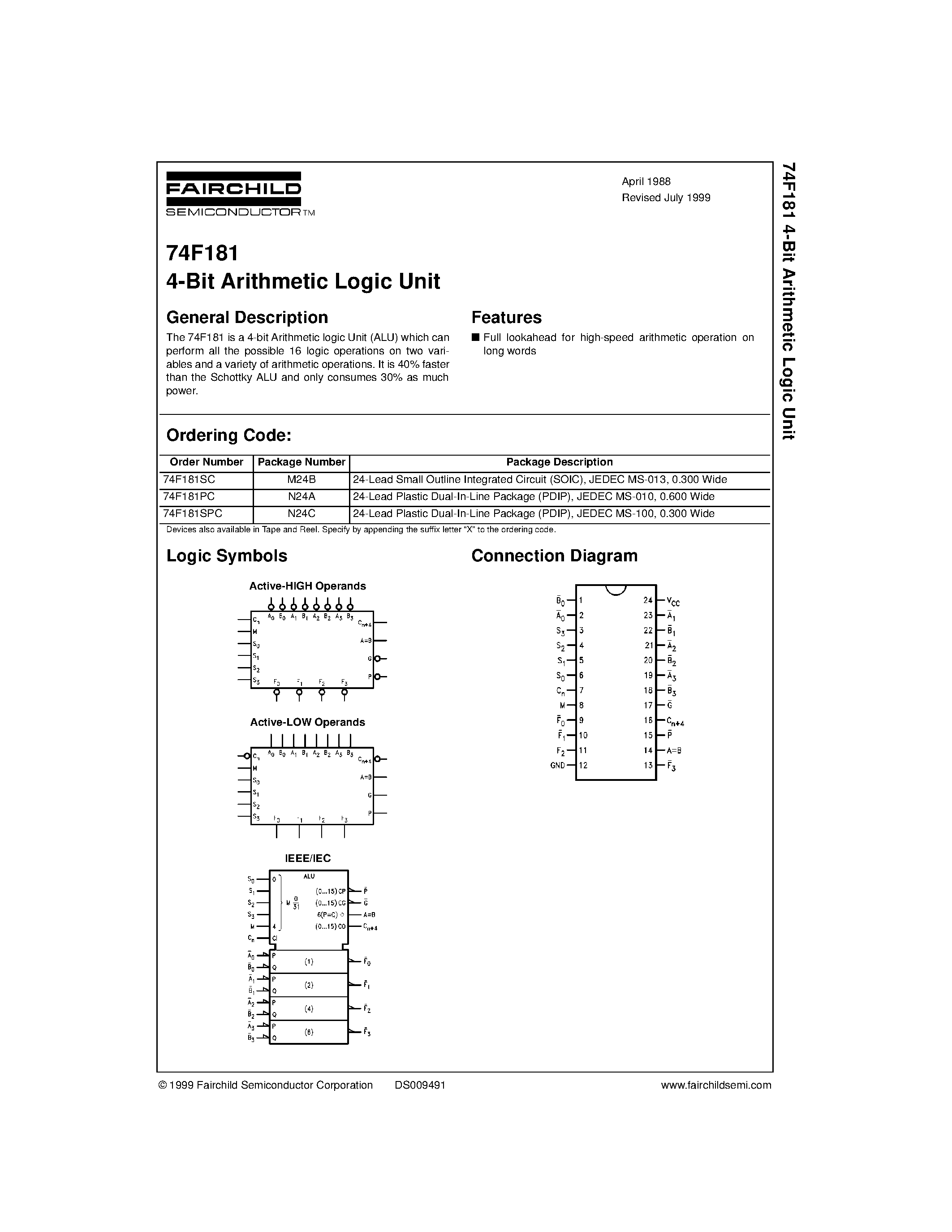 Datasheet 74F181SPC - 4-Bit Arithmetic Logic Unit page 1