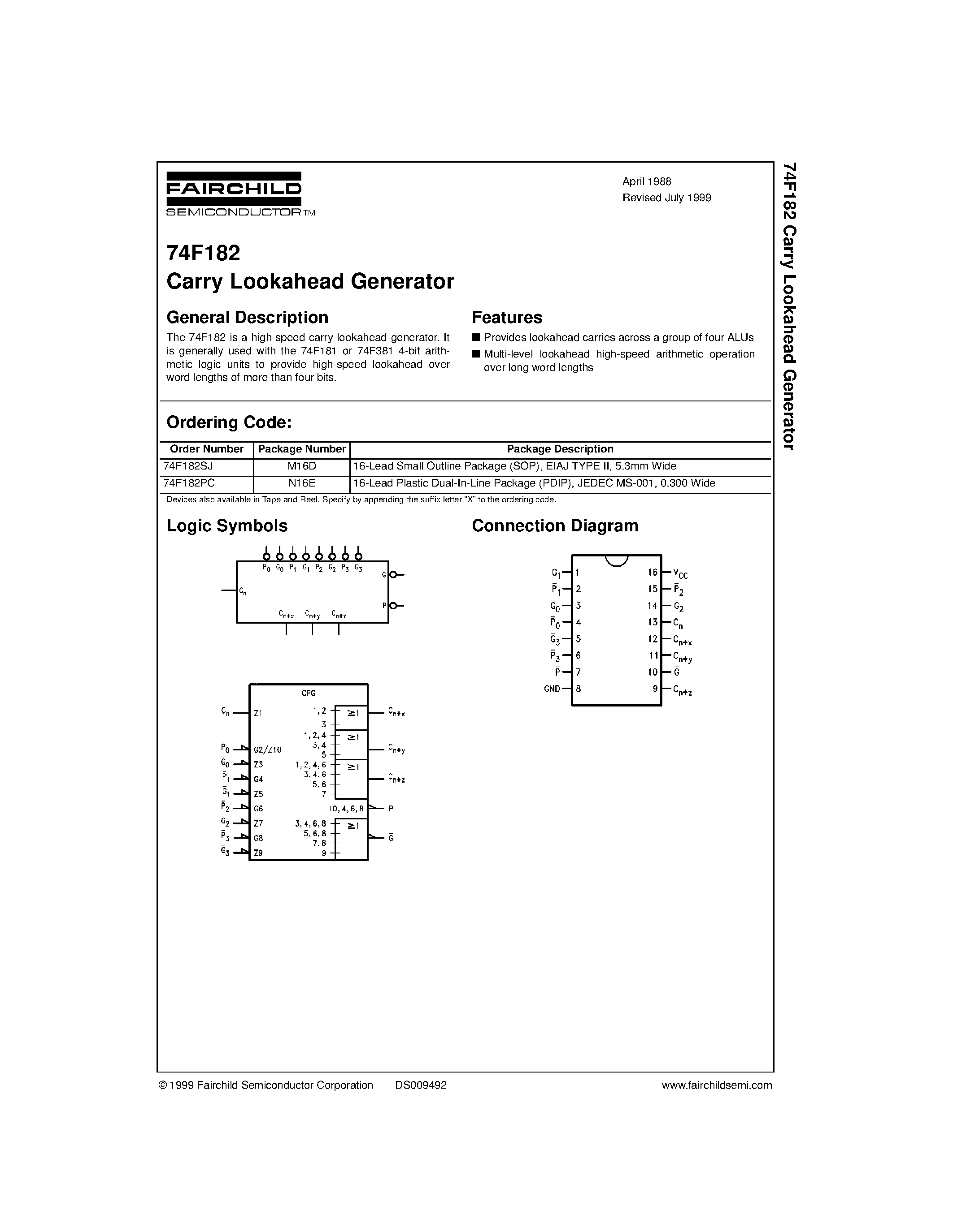 Datasheet 74F182SJ - Carry Lookahead Generator page 1