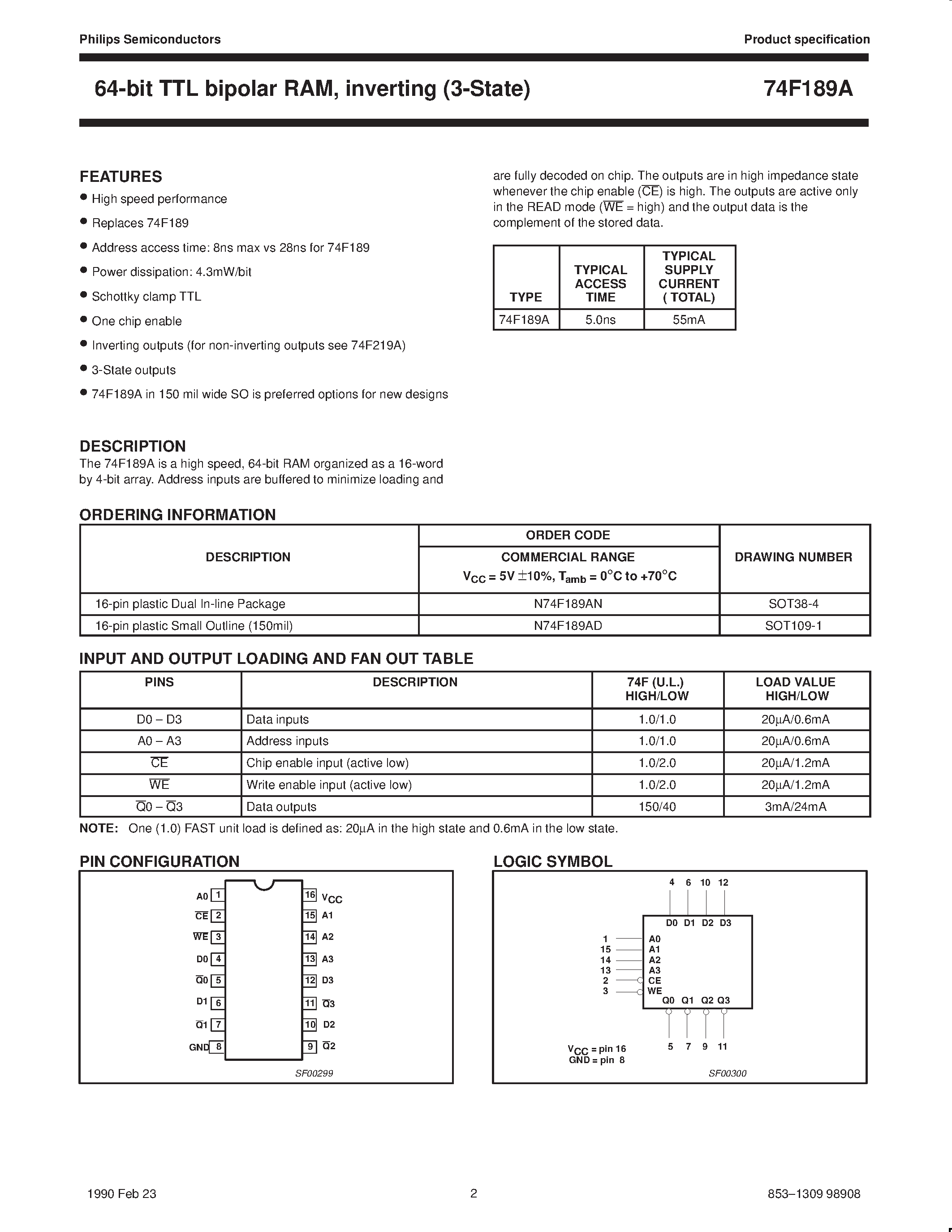 Datasheet 74F189SJ page 2 Datasheet 74F189SJ - 64-Bit Random Access Memory with TRI-STATEE Outputs page 2
