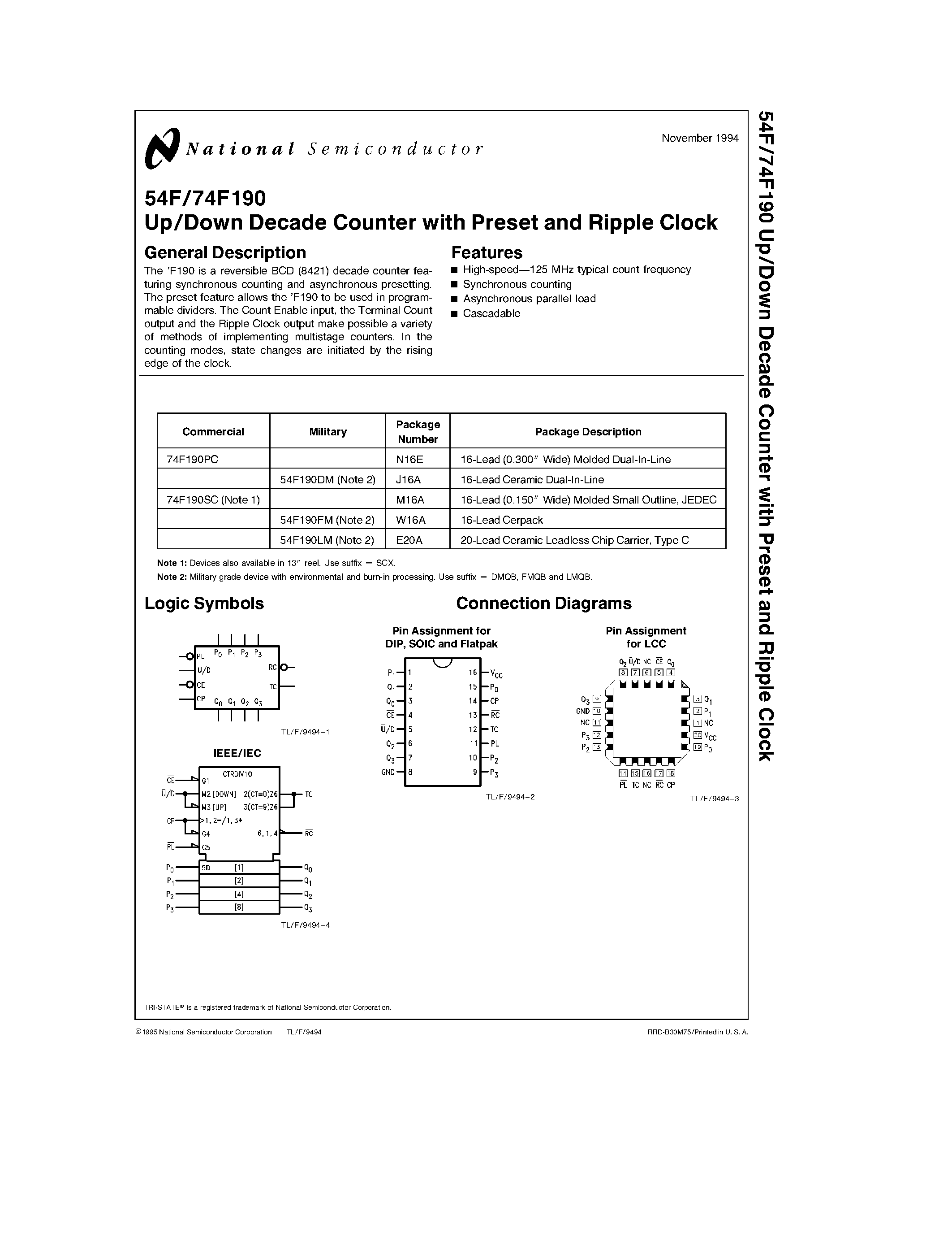 Datasheet 74F190SC page 1 Datasheet 74F190SC - Up/Down Decade Counter with Preset and Ripple Clock page 1
