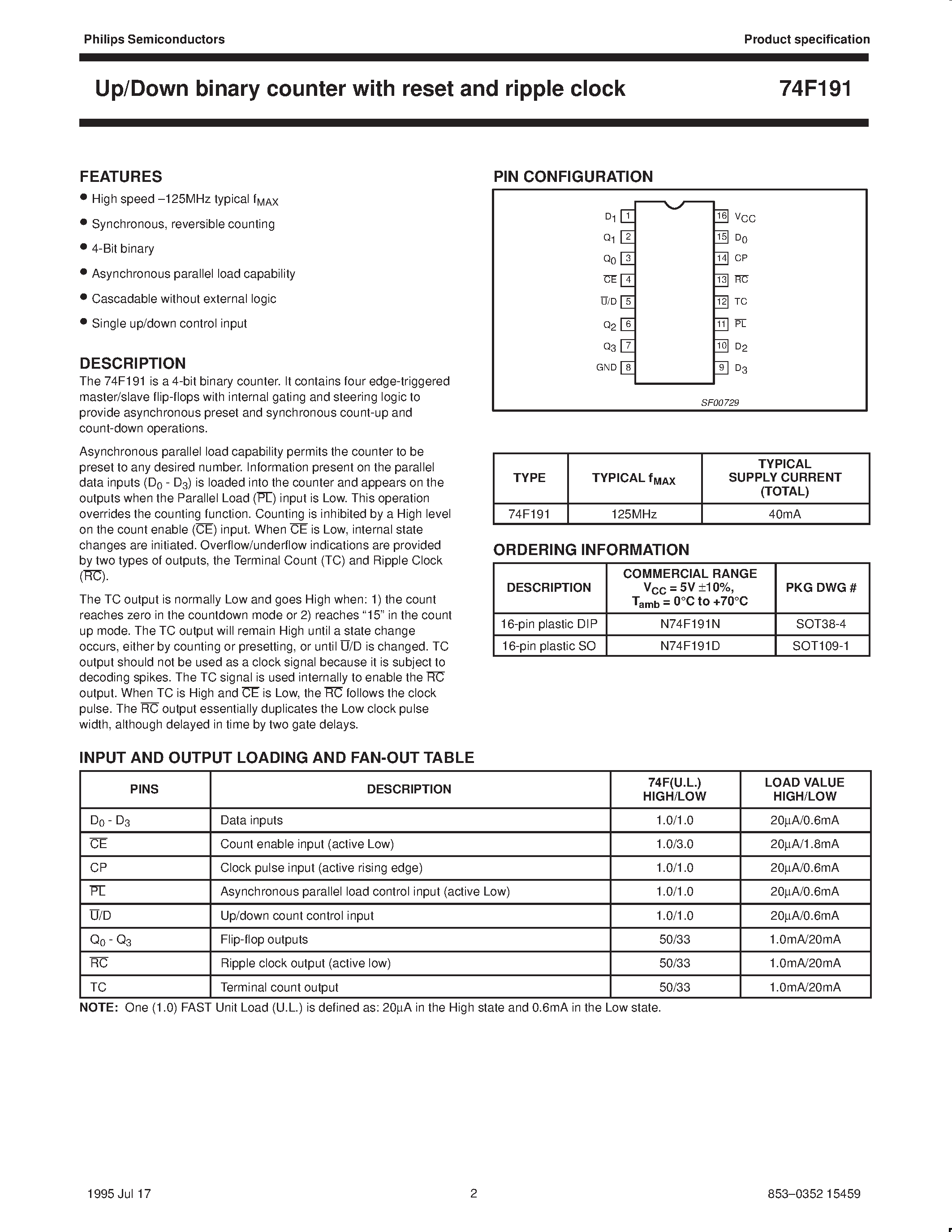 Datasheet 74F191 page 2 Datasheet 74F191 - Up/down binary counter with reset and ripple clock page 2