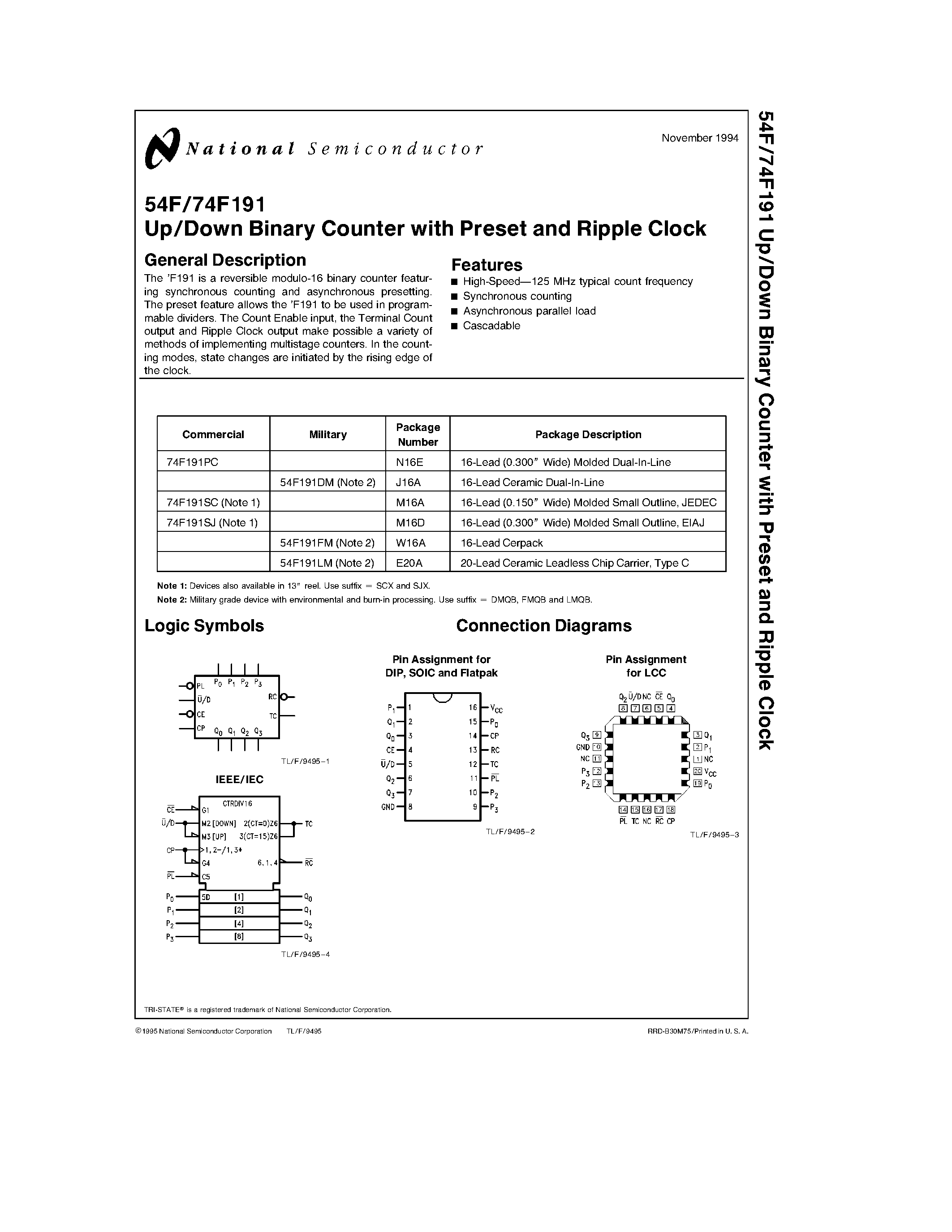 Даташит 74F191PC - Up/Down Binary Counter with Preset and Ripple Clock страница 1