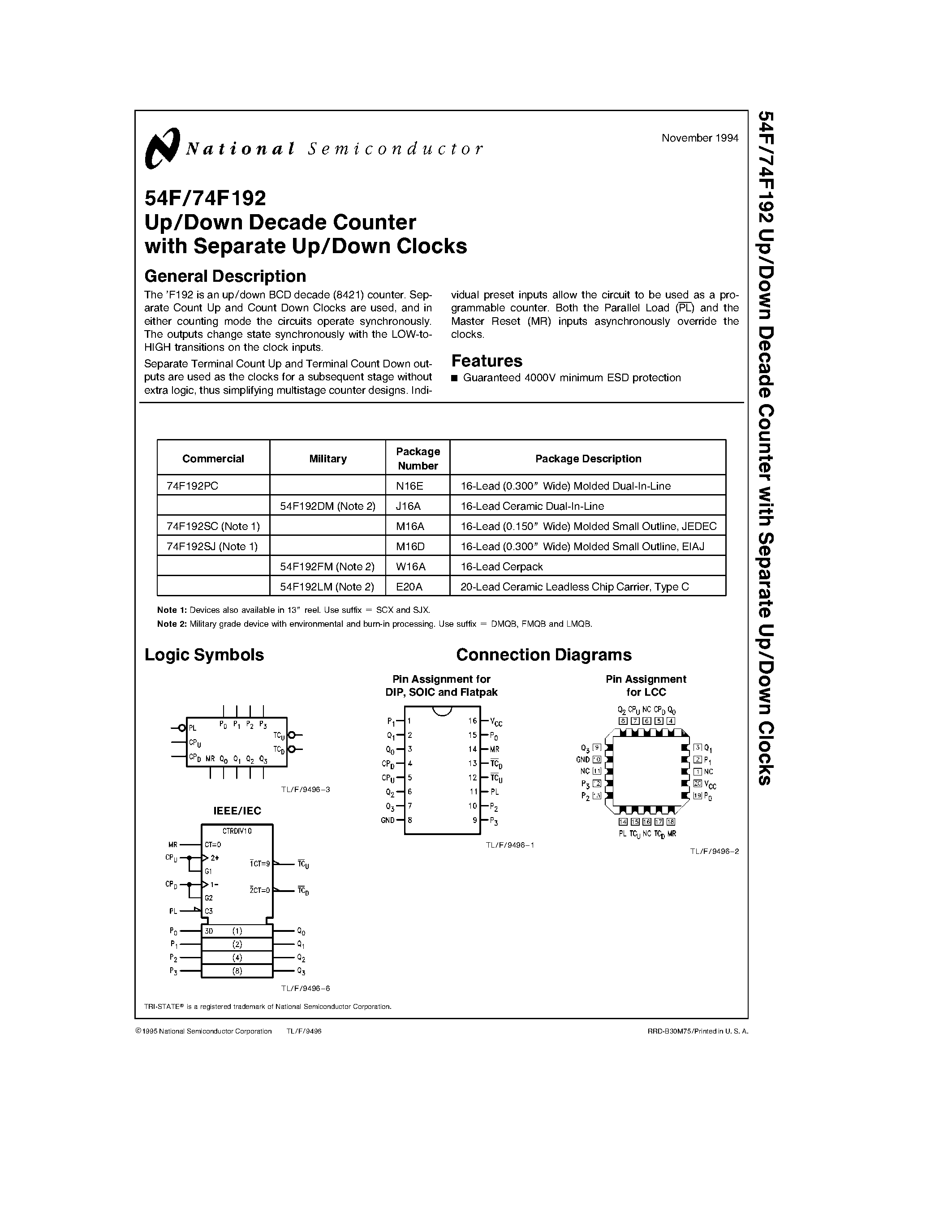 Datasheet 74F192PC - Up/Down Decade Counter with Separate Up/Down Clocks page 1