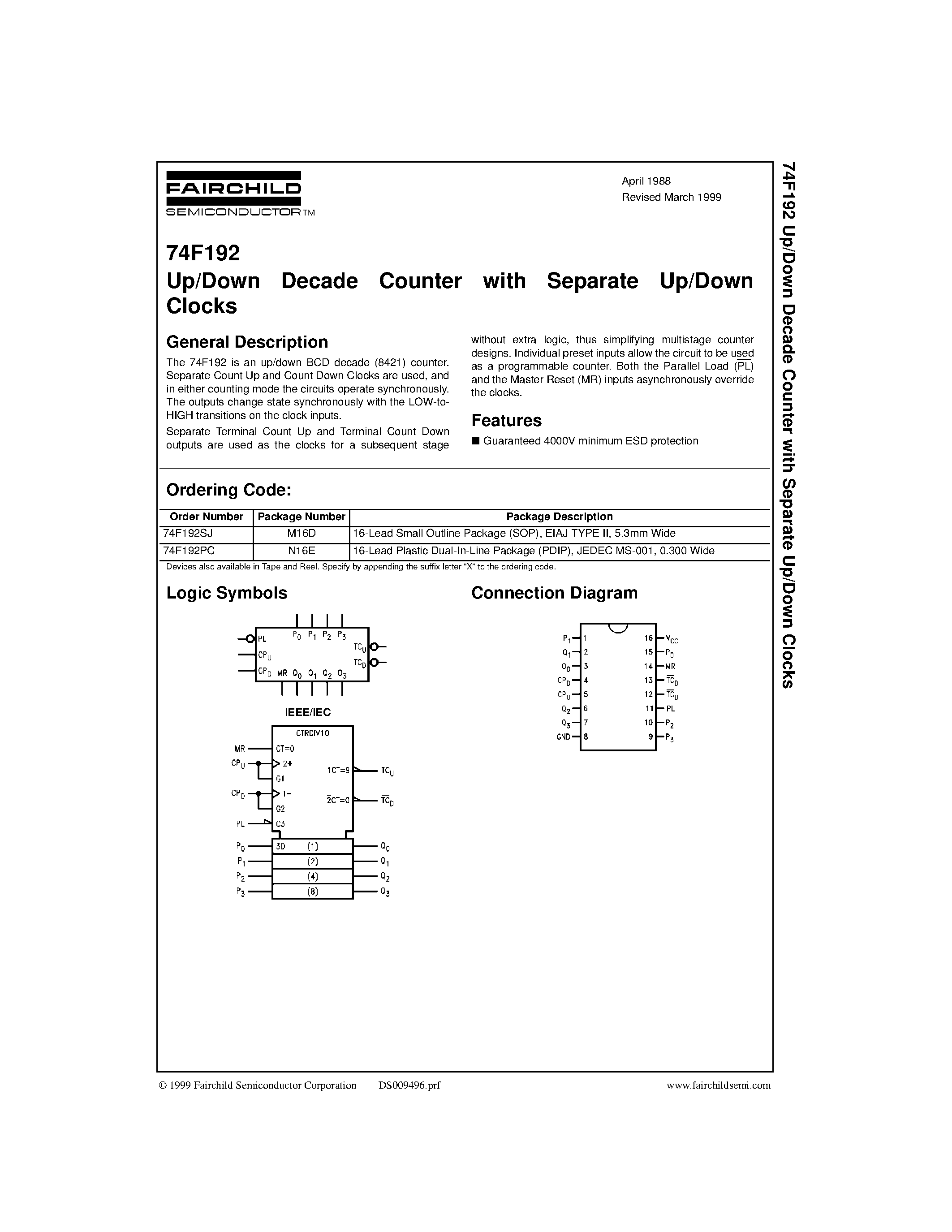Datasheet 74F192SJ - Up/Down Decade Counter with Separate Up/Down Clocks page 1