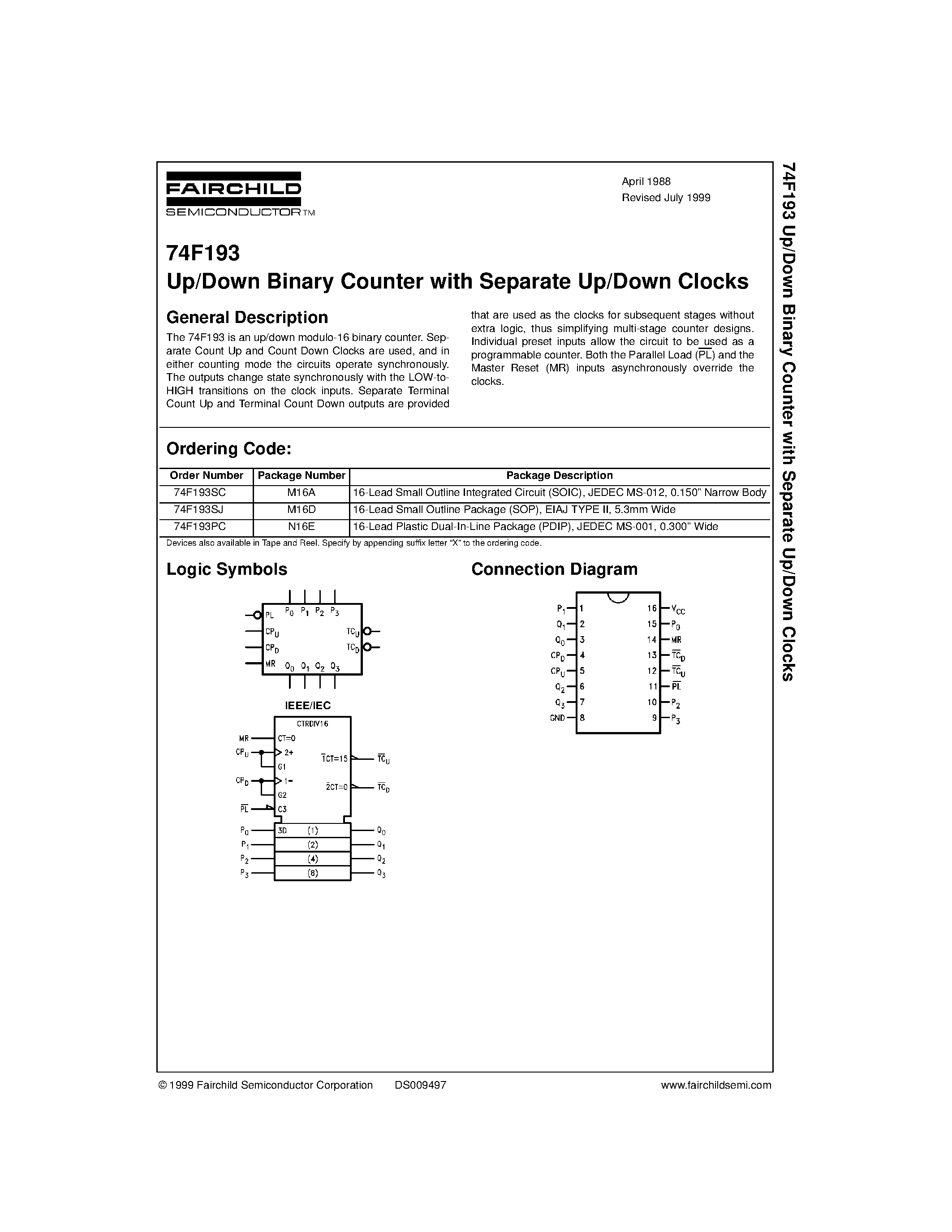 Datasheet 74F193 - Up/Down Binary Counter with Separate Up/Down Clocks page 1