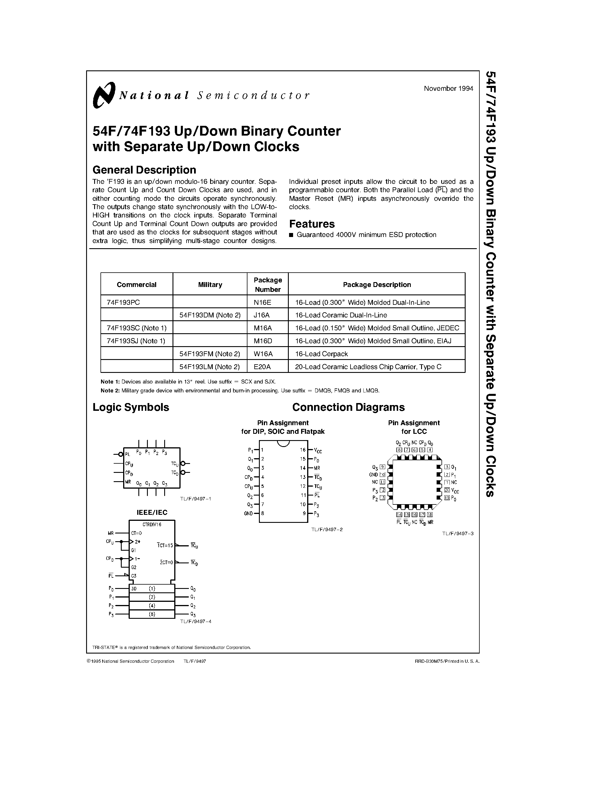 Datasheet 74F193SJ - Up/Down Binary Counter with Separate Up/Down Clocks page 1
