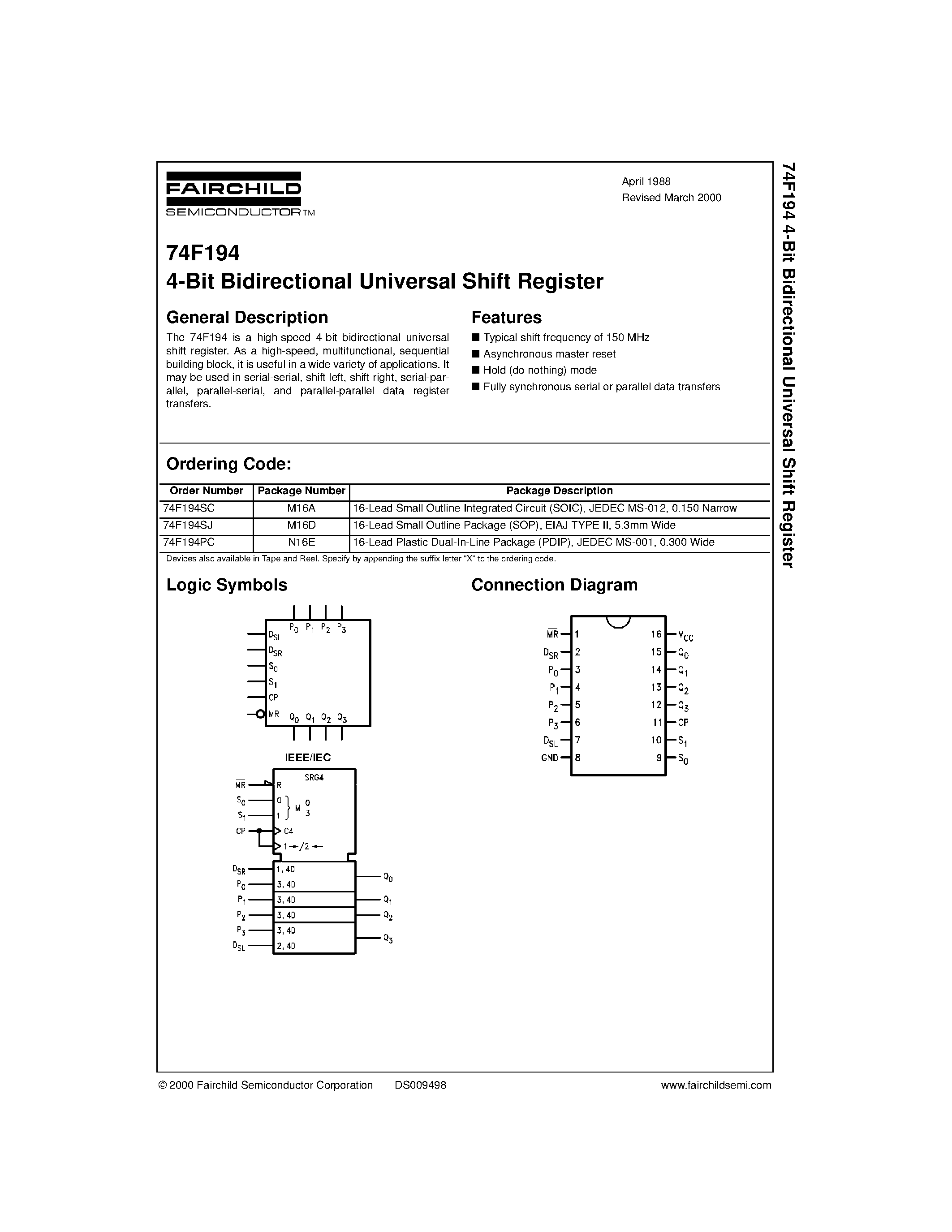 Datasheet 74F194PC - 4-Bit Bidirectional Universal Shift Register page 1