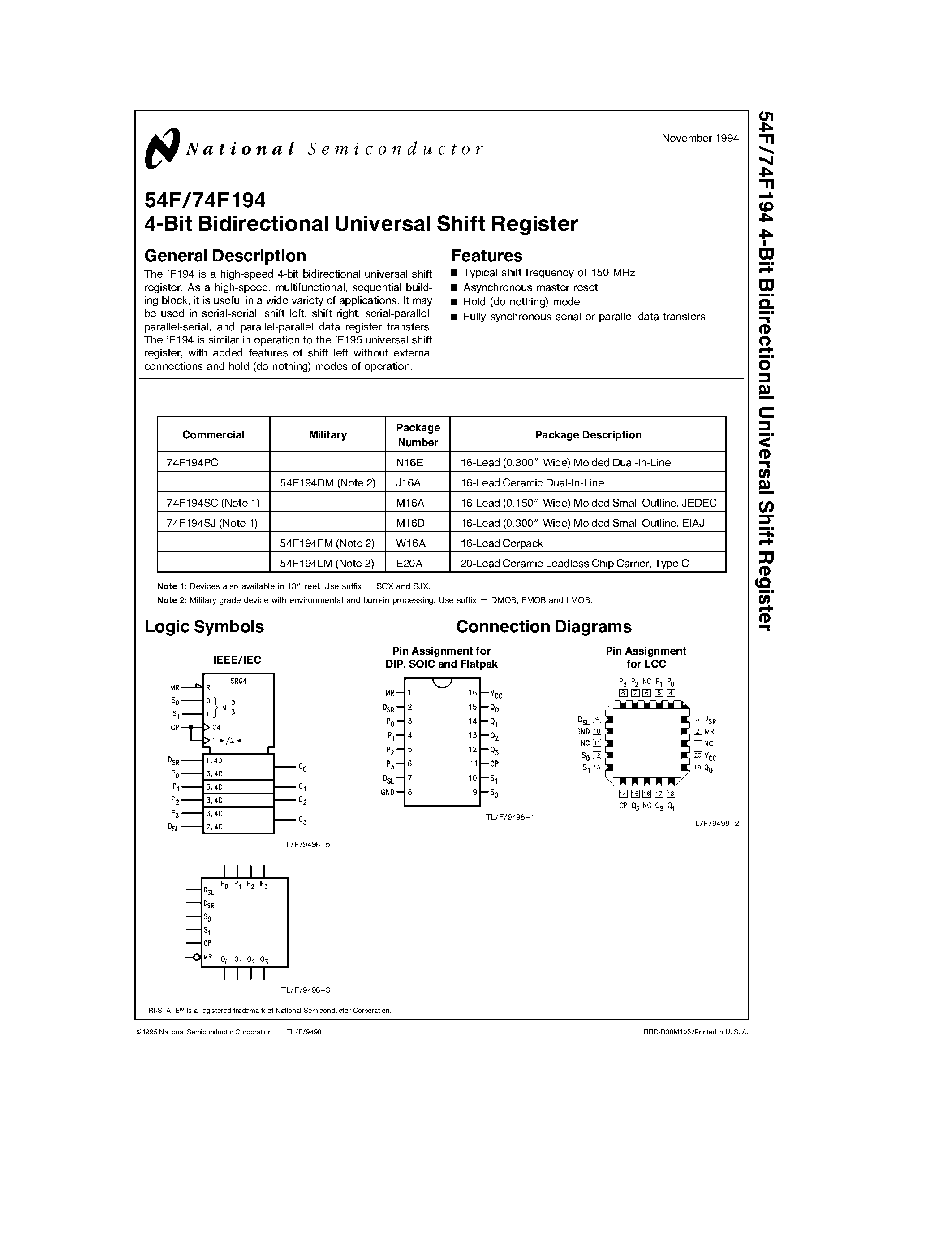 Datasheet 74F194PC - 4-Bit Bidirectional Universal Shift Register page 1