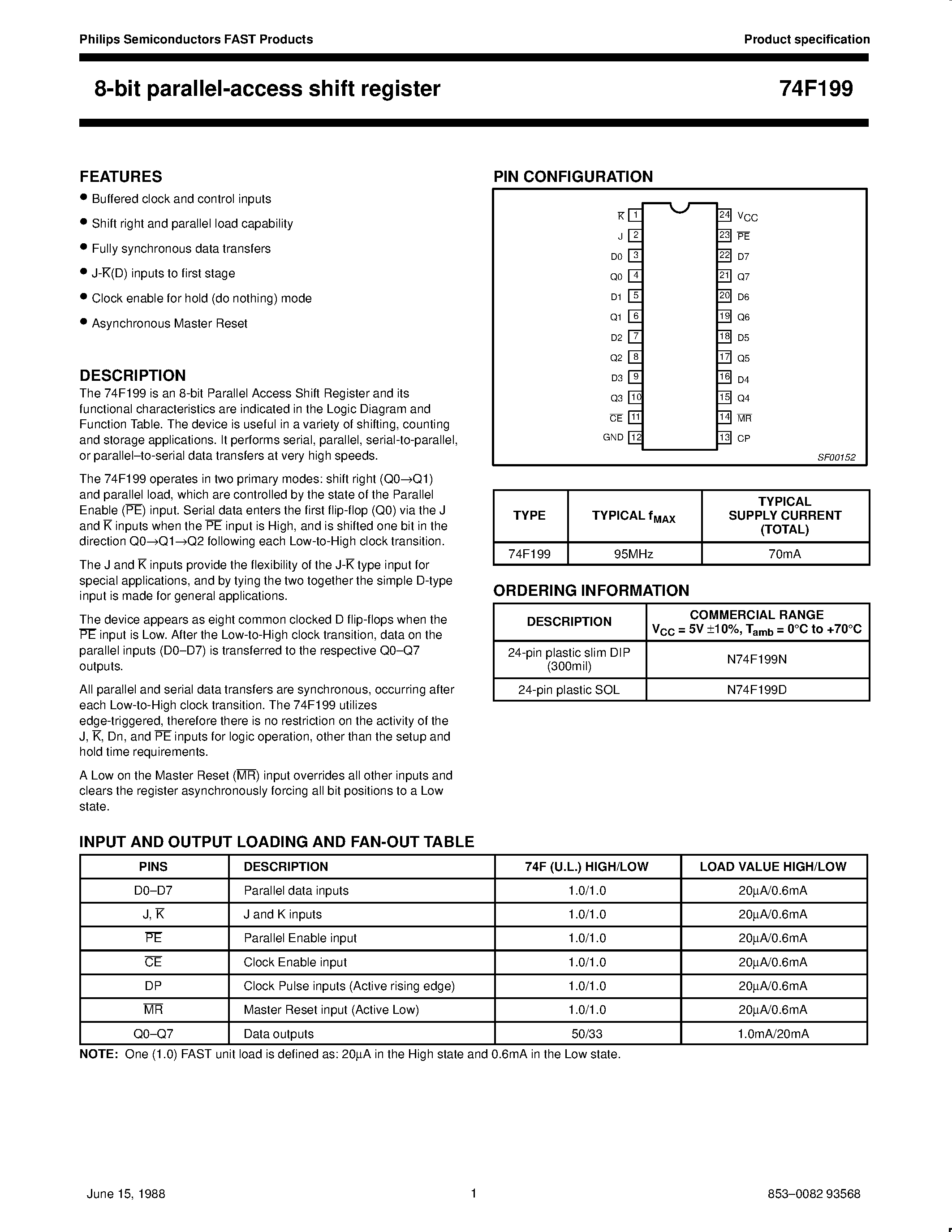 Datasheet 74F199 page 1 Datasheet 74F199 - 8-bit parallel-access shift register page 1