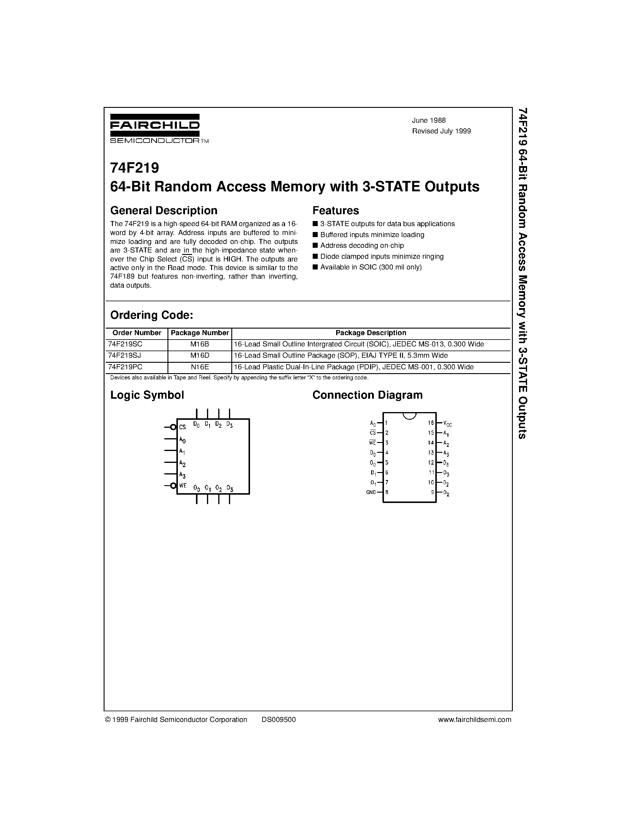 Datasheet 74F219 - 64-Bit Random Access Memory with 3-STATE Outputs page 1