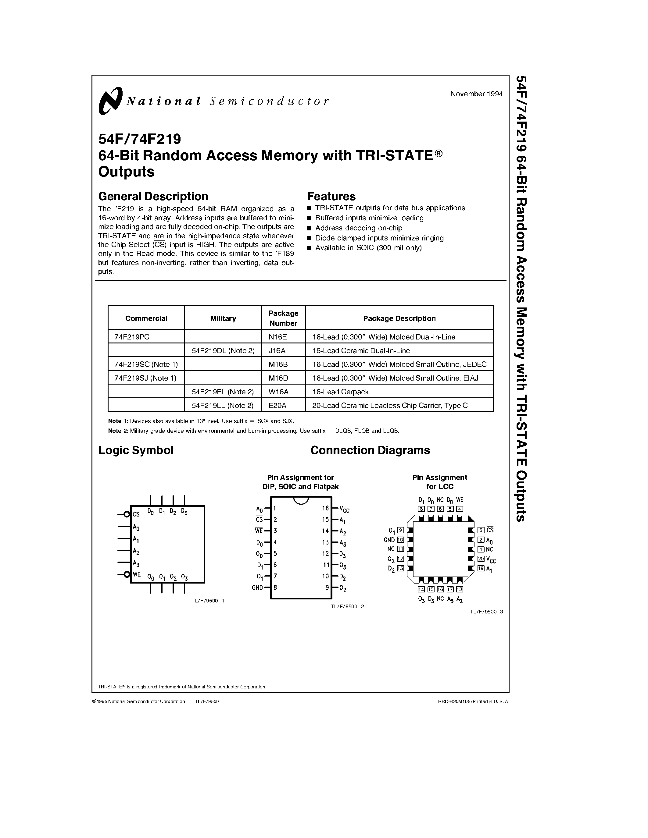 Datasheet 74F219 - 64-Bit Random Access Memory with TRI-STATEE Outputs page 1