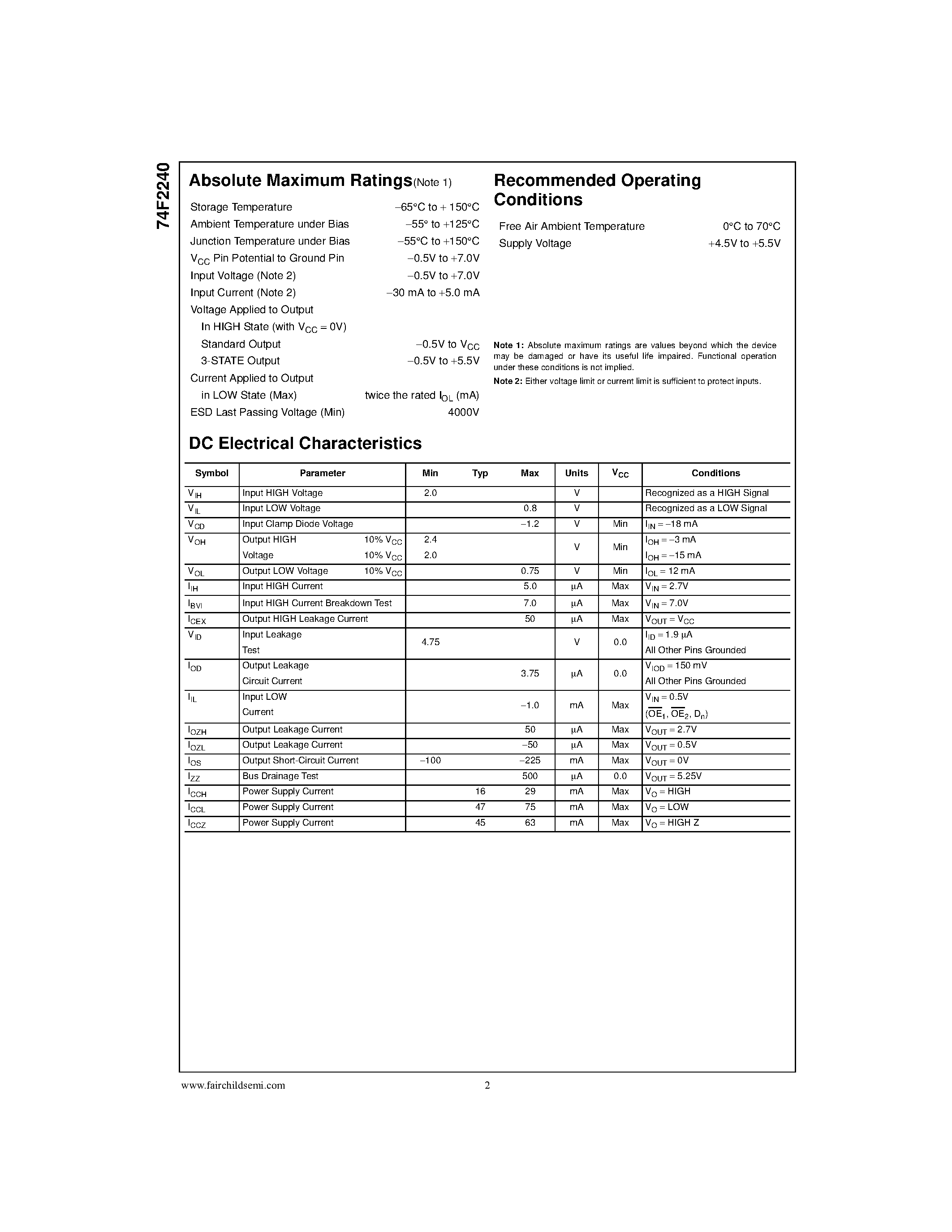 Datasheet 74F2240 - Octal Buffer/Line Driver with 25W Series Resistors in the Outputs page 2