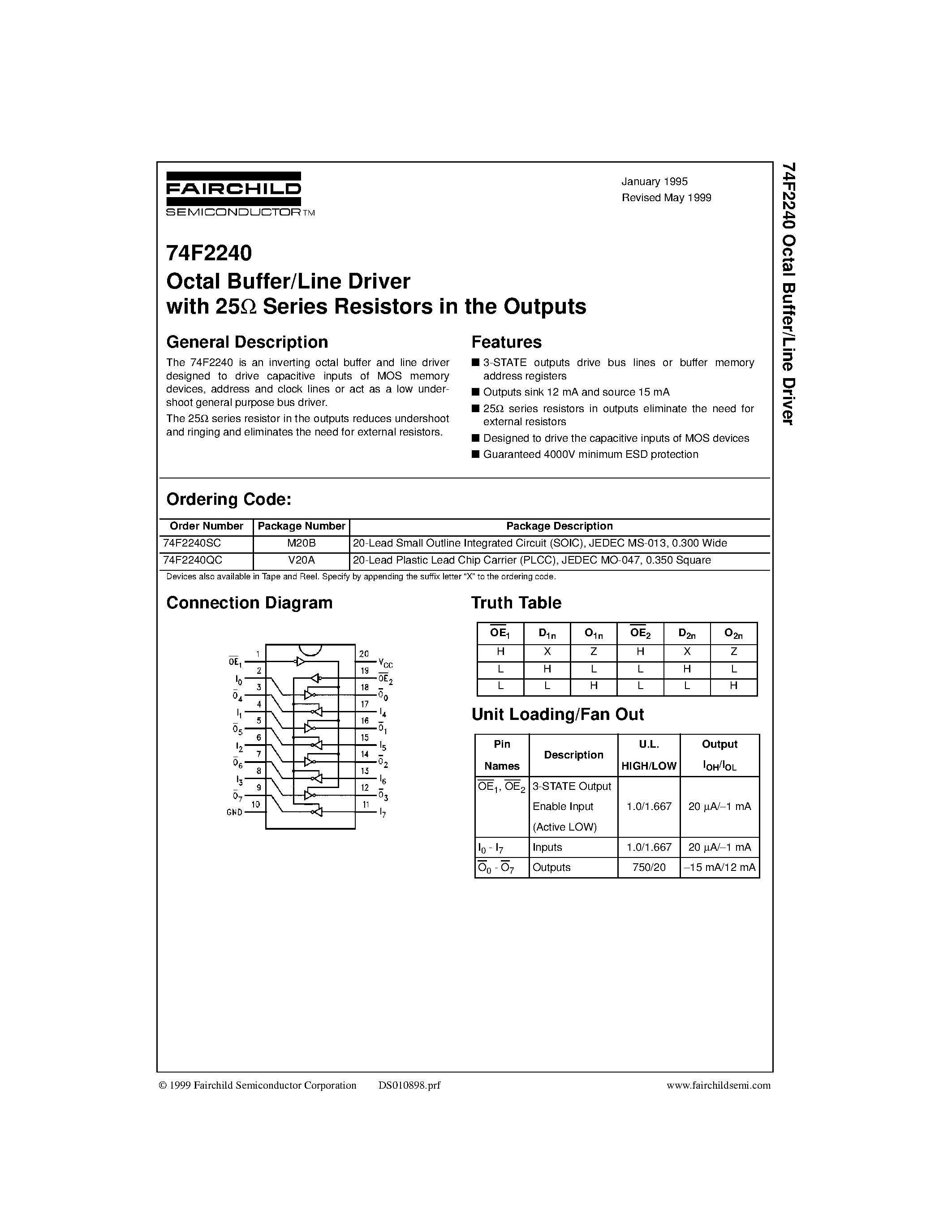 Datasheet 74F2240QC - Octal Buffer/Line Driver with 25W Series Resistors in the Outputs page 1