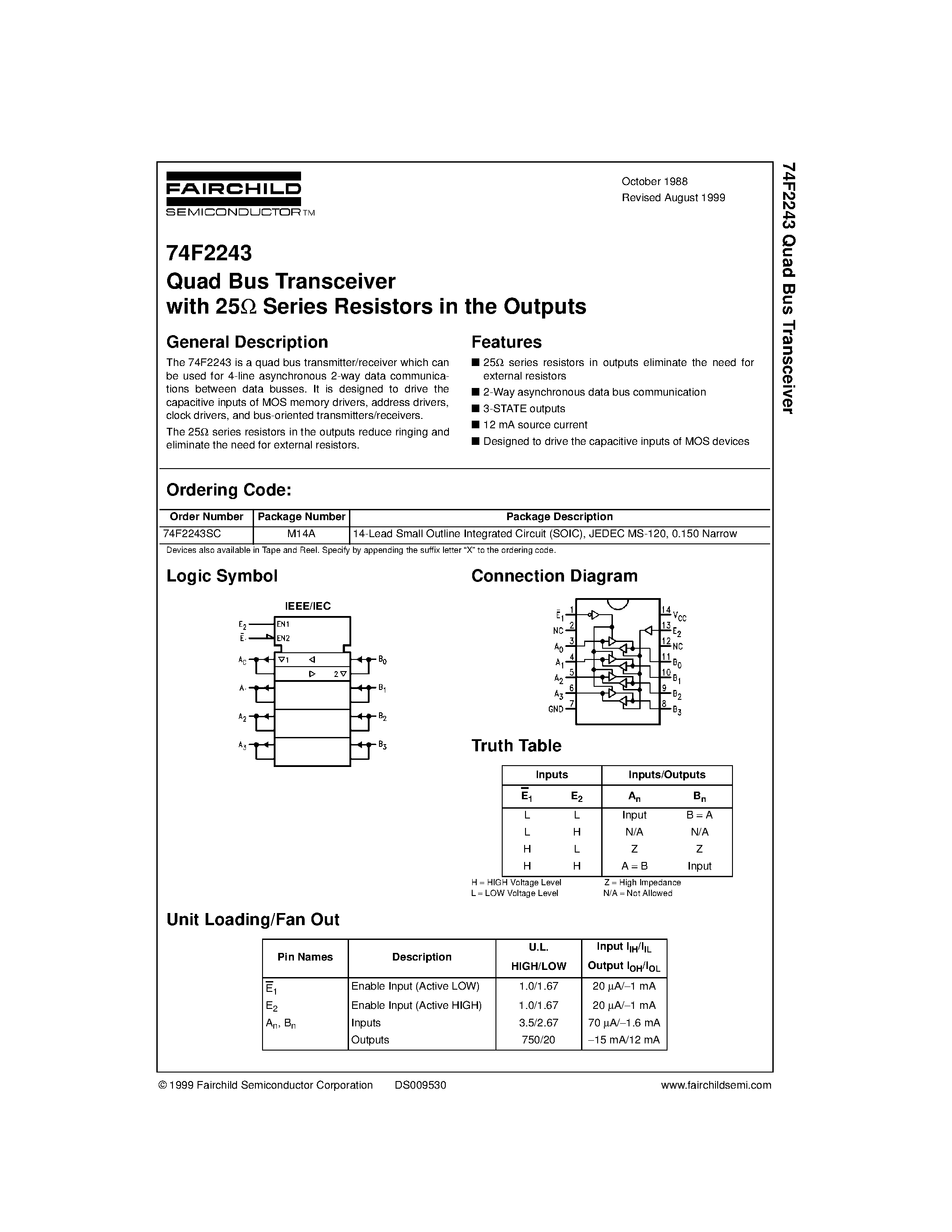Datasheet 74F2243SC - Quad Bus Transceiver with 25W Series Resistors in the Outputs page 1