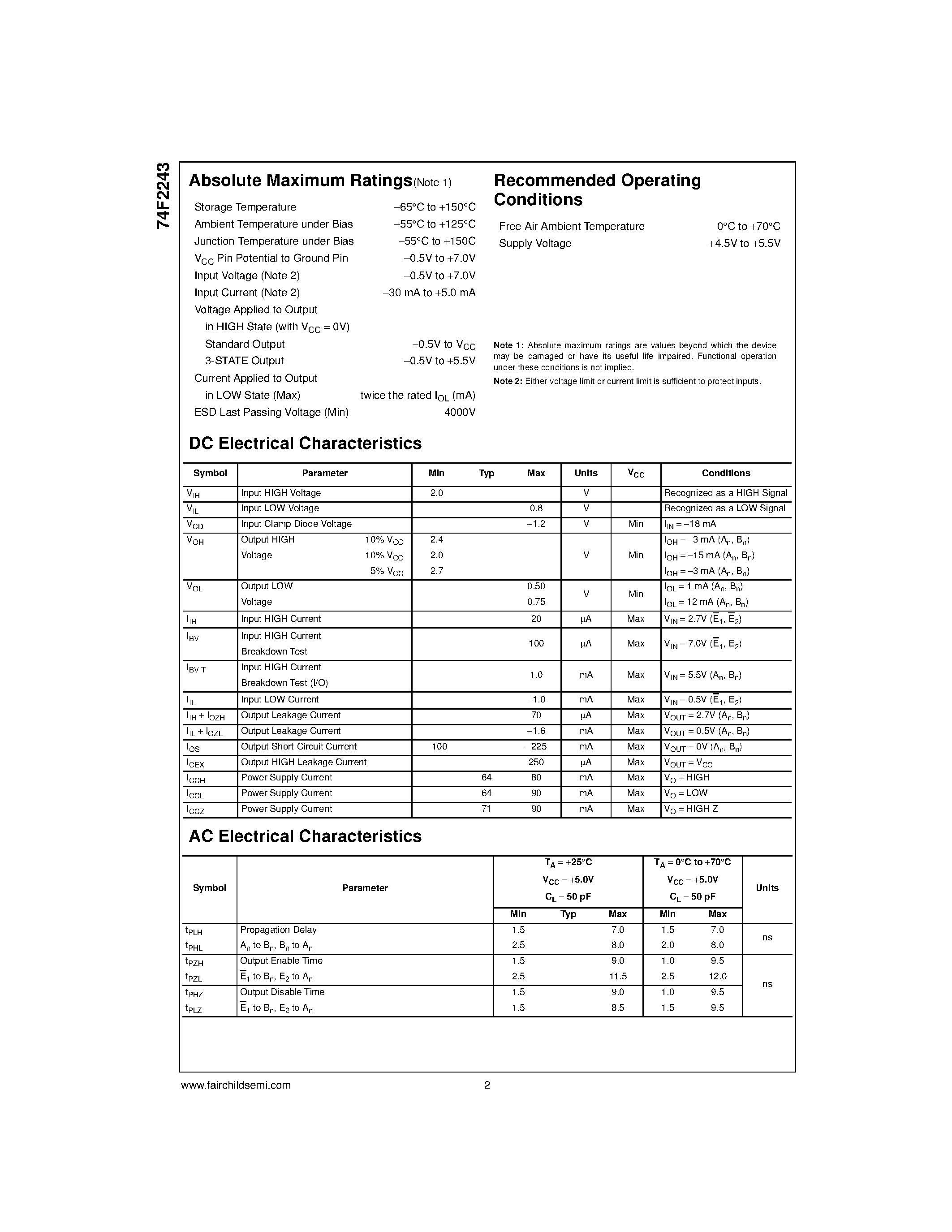 Datasheet 74F2243SC - Quad Bus Transceiver with 25W Series Resistors in the Outputs page 2