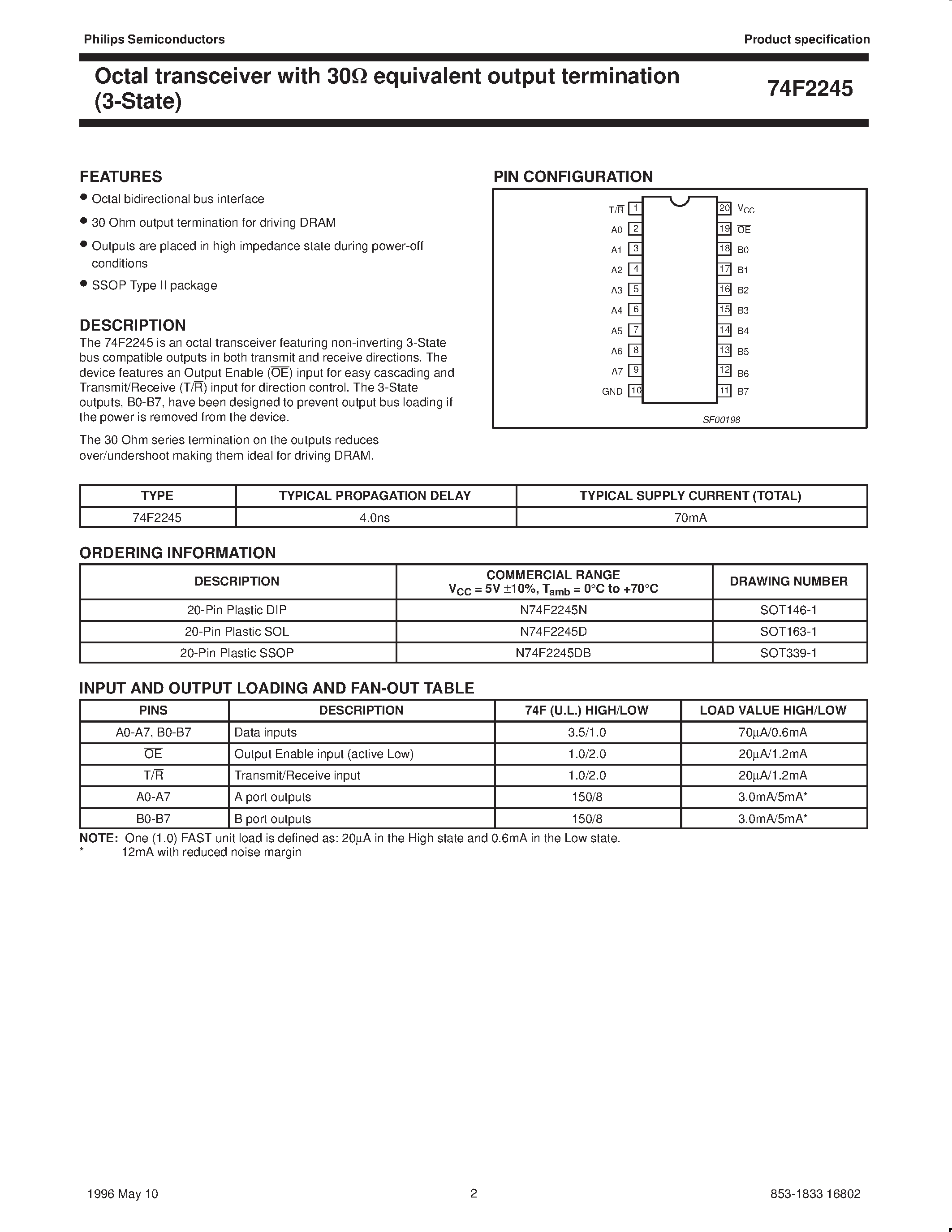 Datasheet 74F2245 - Octal transceiver with 30ohm equivalent output termination 3-State page 2
