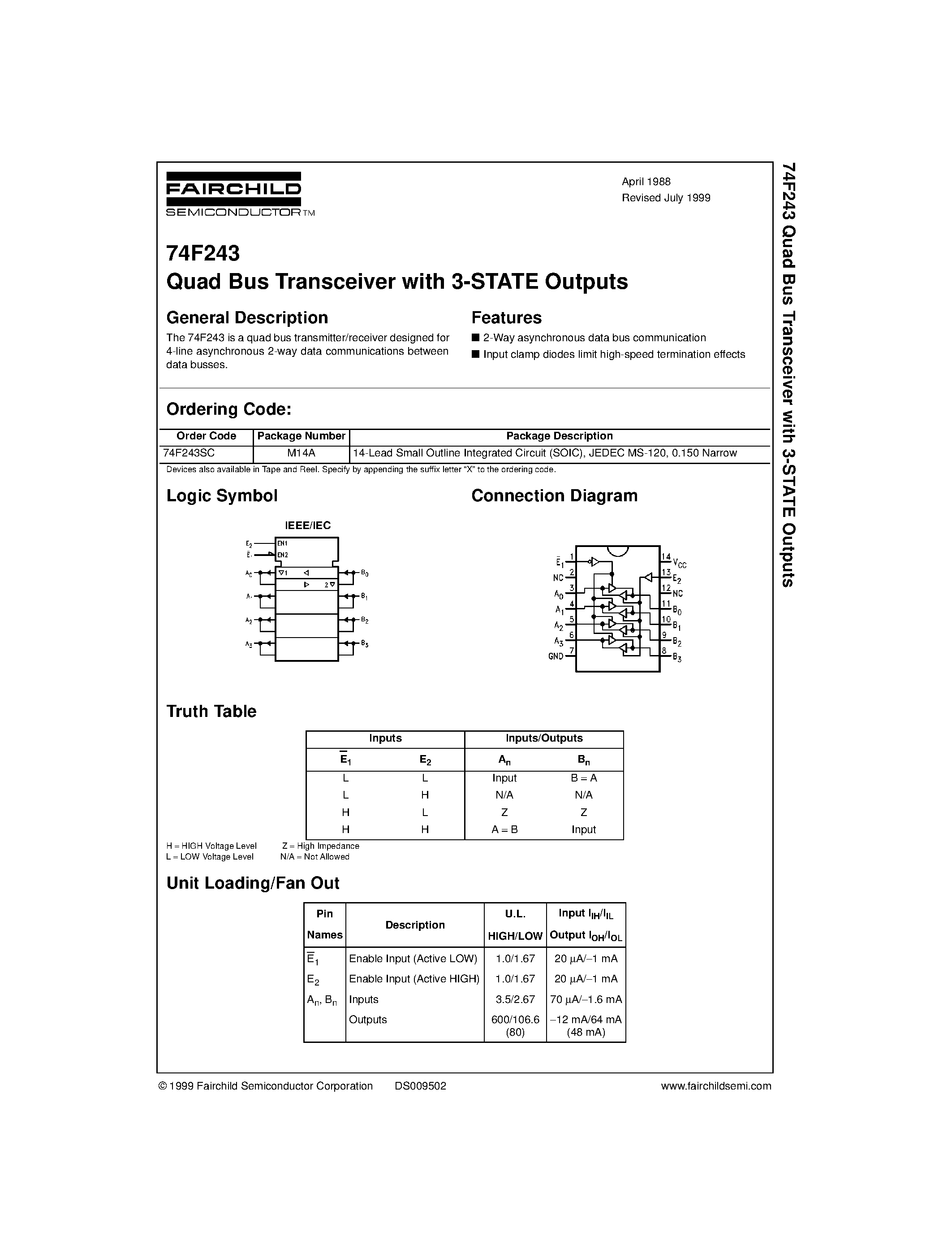Datasheet 74F243 - Quad Bus Transceiver with 3-STATE Outputs page 1