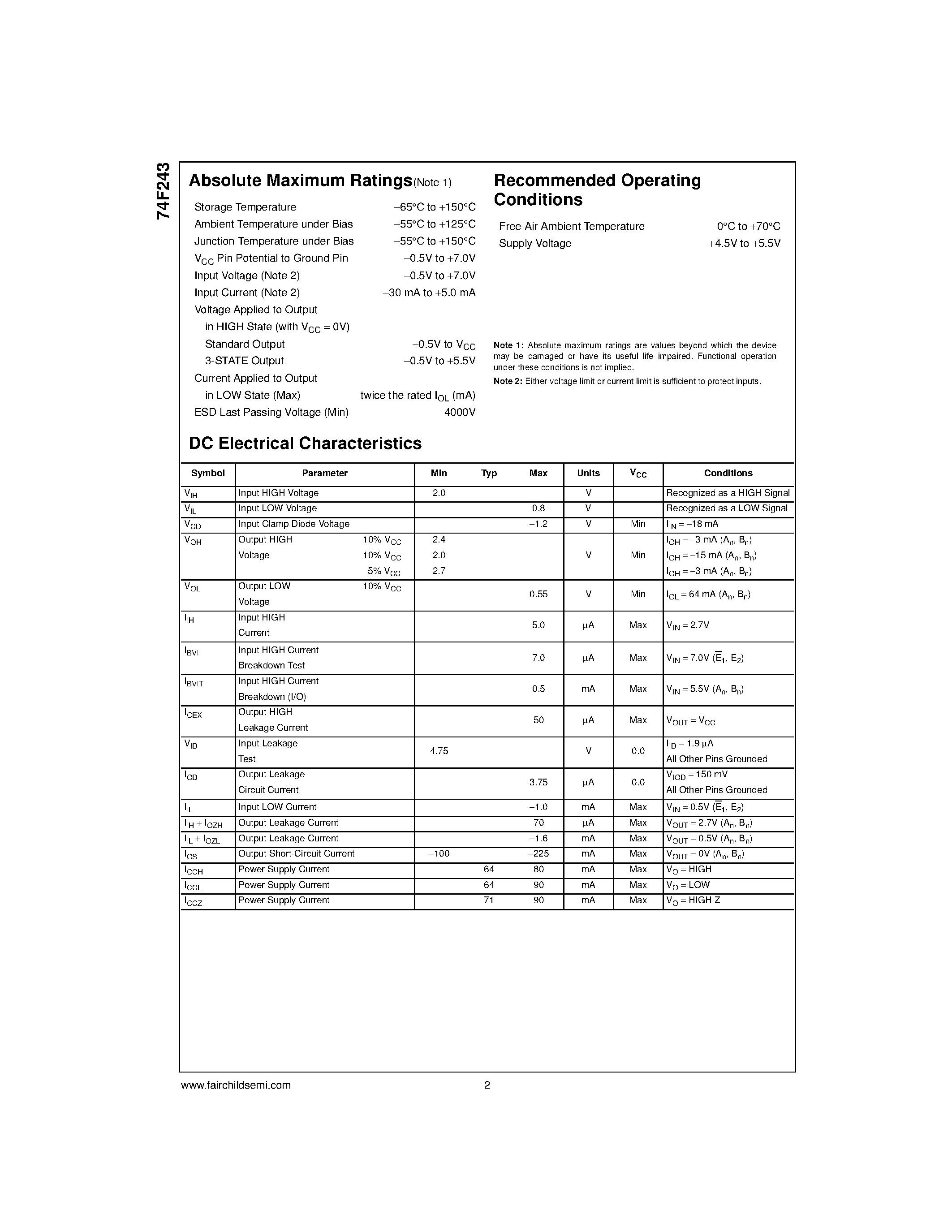 Datasheet 74F243SC - Quad Bus Transceiver with 3-STATE Outputs page 2