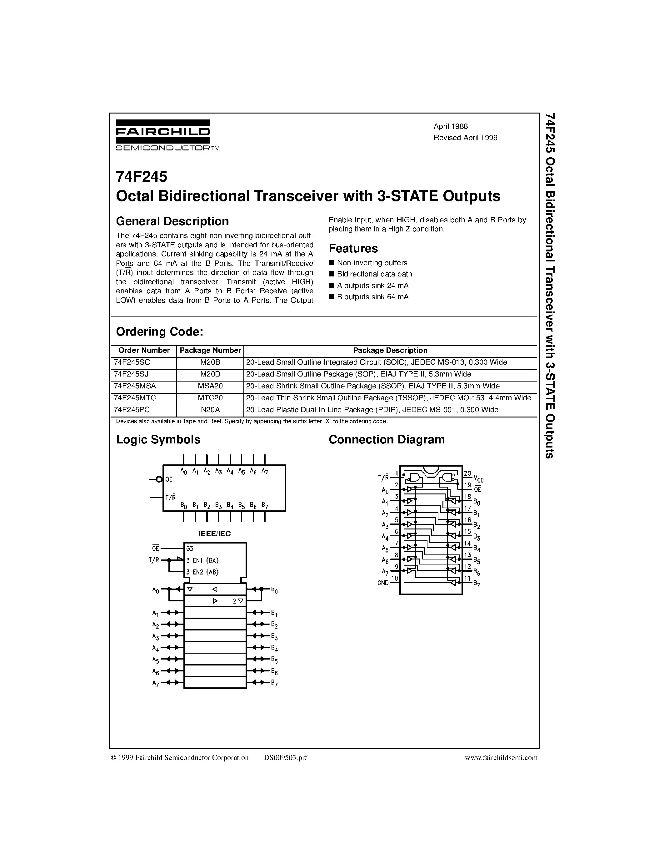 Datasheet 74F245MTC - Octal Bidirectional Transceiver with 3-STATE Outputs page 1