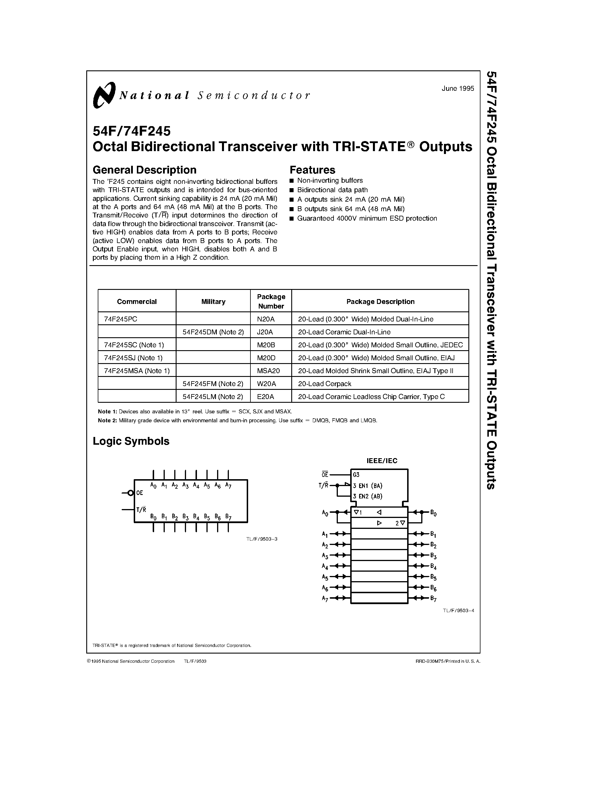 Datasheet 74F245SJ - Octal Bidirectional Transceiver with TRI-STATE Outputs page 1