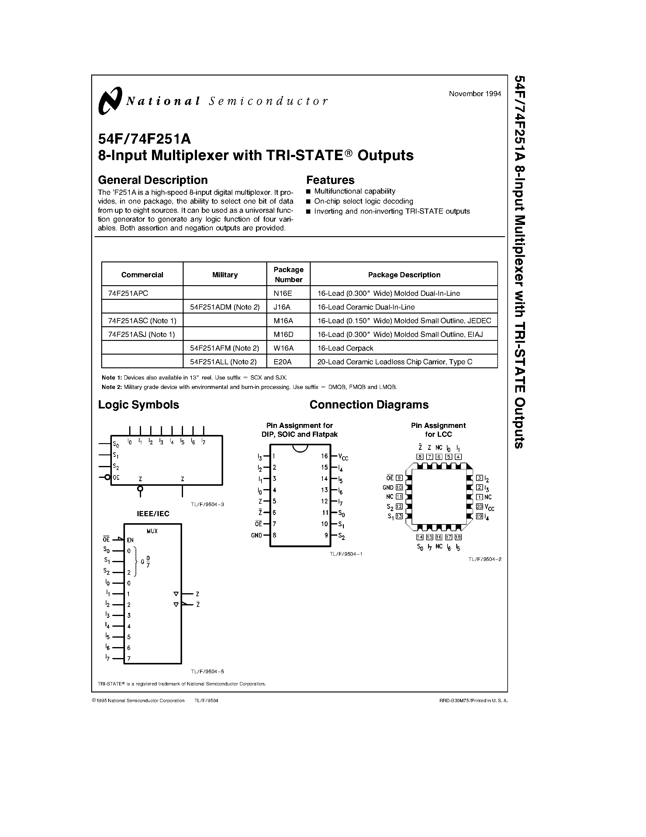 Datasheet 74F251APC - 8-Input Multiplexer with TRI-STATE Outputs page 1