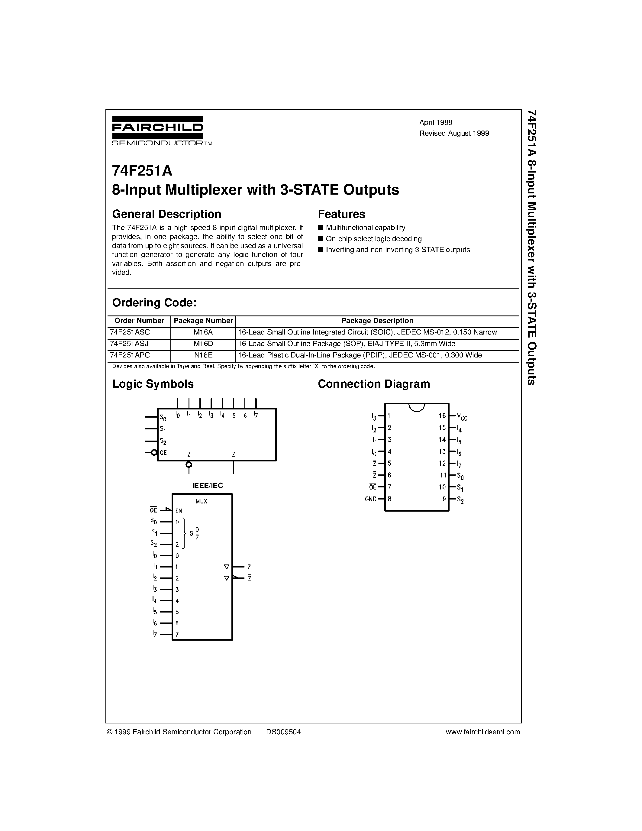 Datasheet 74F251ASJ - 8-Input Multiplexer with 3-STATE Outputs page 1
