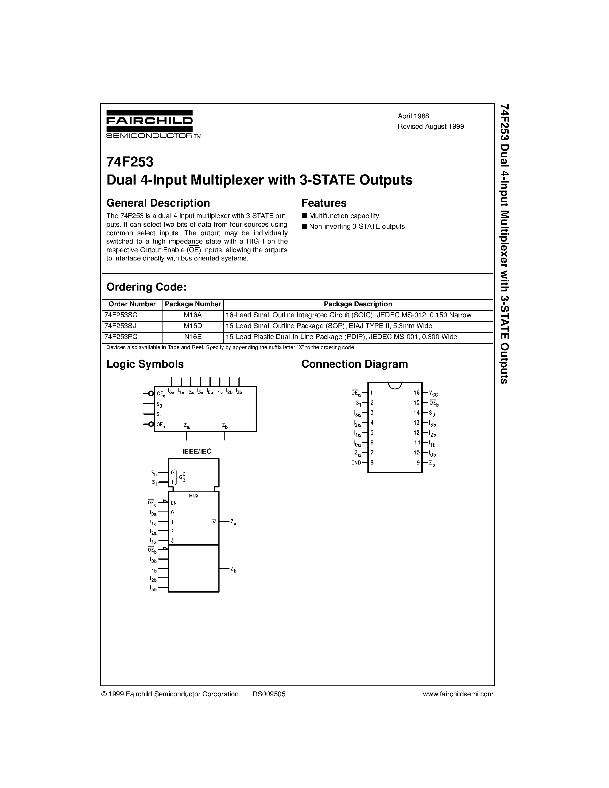 Datasheet 74F253SC - Dual 4-Input Multiplexer with 3-STATE Outputs page 1