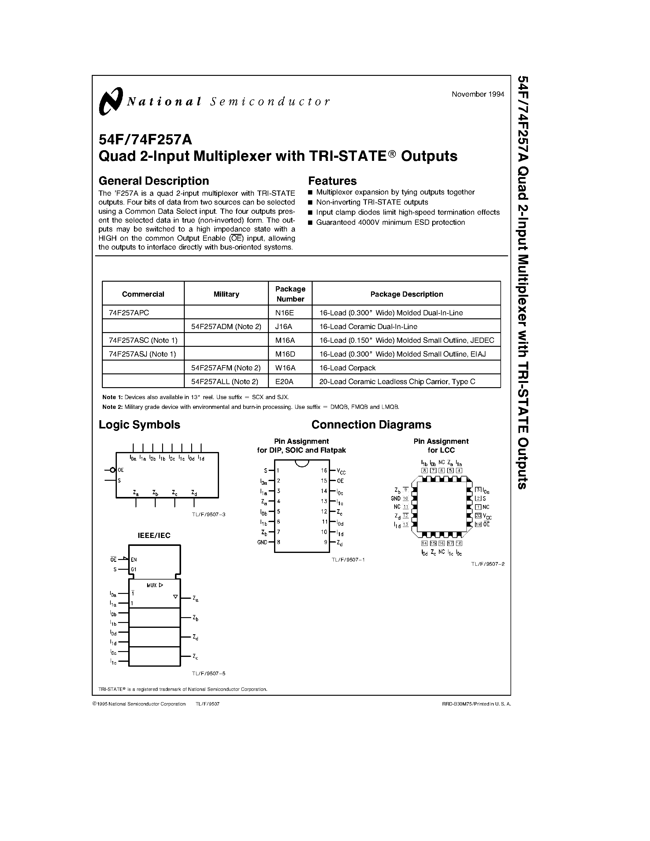 Datasheet 74F257APC page 1 Datasheet 74F257APC - Quad 2-Input Multiplexer with TRI-STATE Outputs page 1