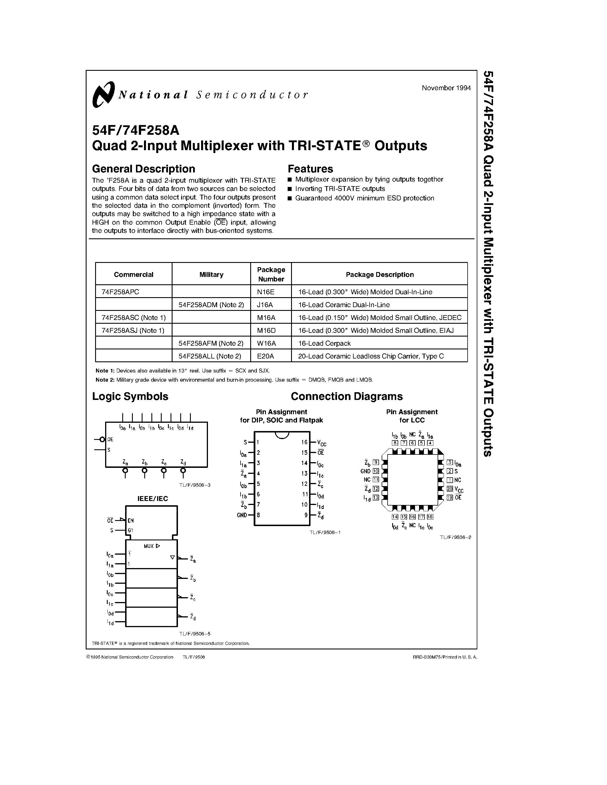 Datasheet 74F258APC page 1 Datasheet 74F258APC - Quad 2-Input Multiplexer with TRI-STATE Outputs page 1