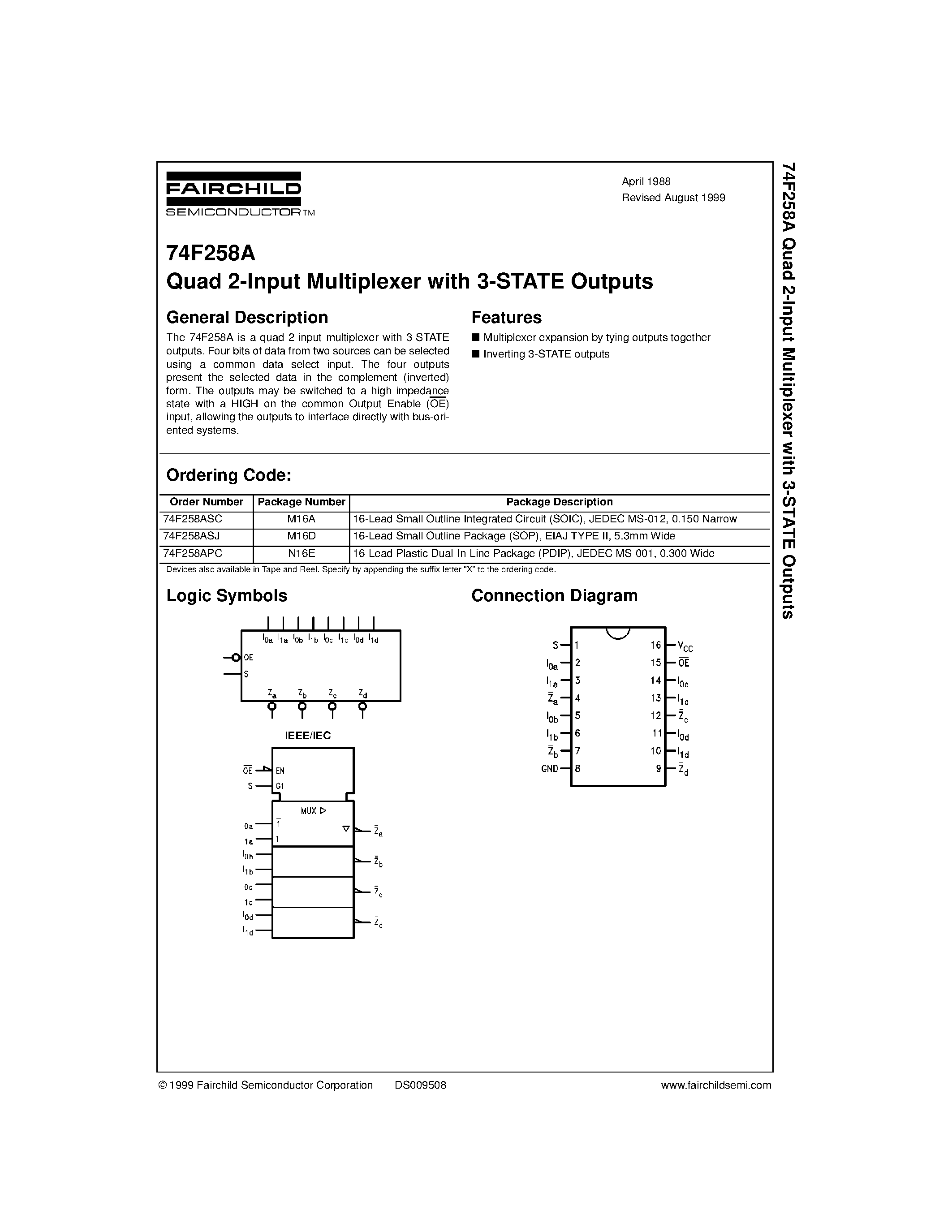Datasheet 74F258ASC - Quad 2-Input Multiplexer with 3-STATE Outputs page 1