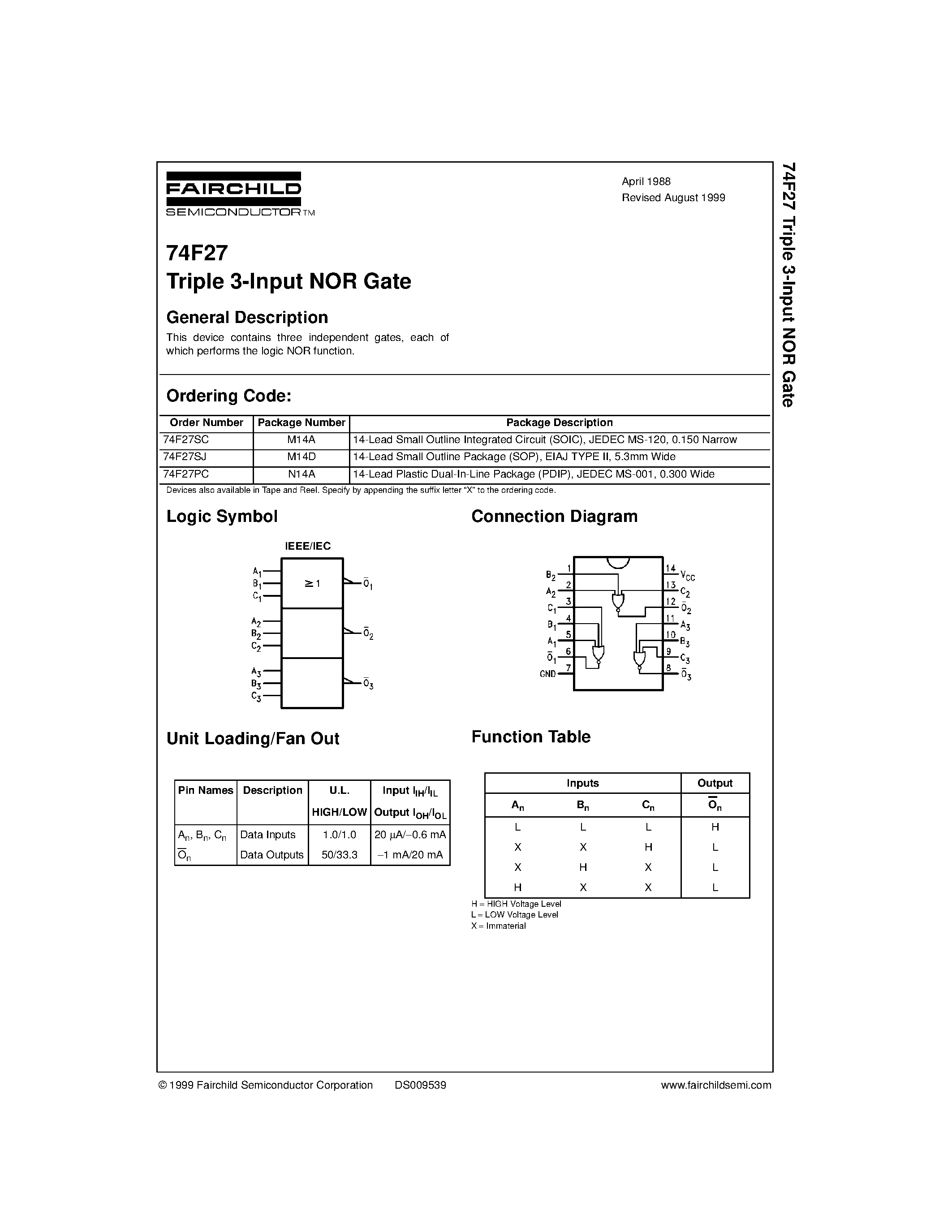 Datasheet 74F27 - Triple 3-Input NOR Gate page 1