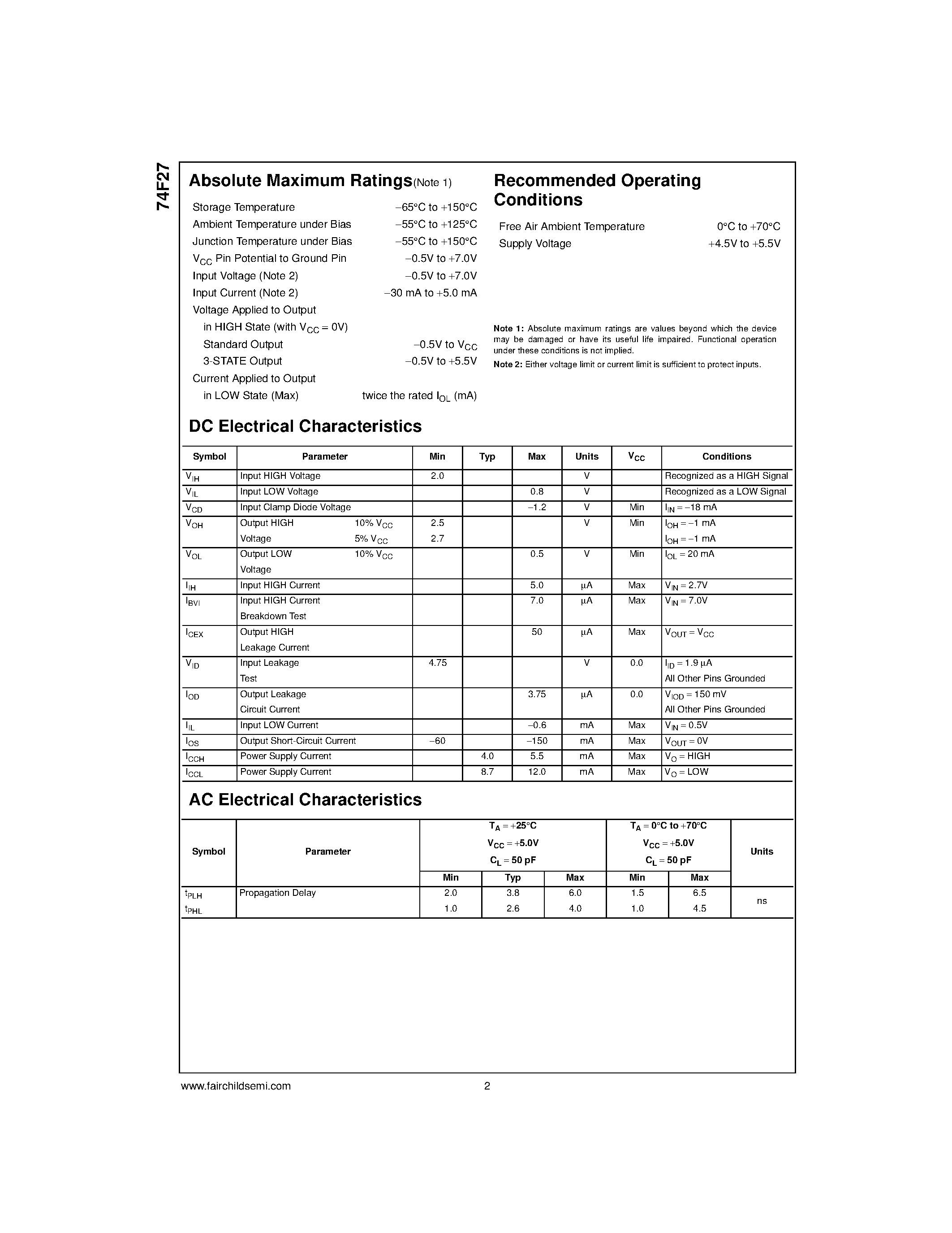 Datasheet 74F27SC - Triple 3-Input NOR Gate page 2