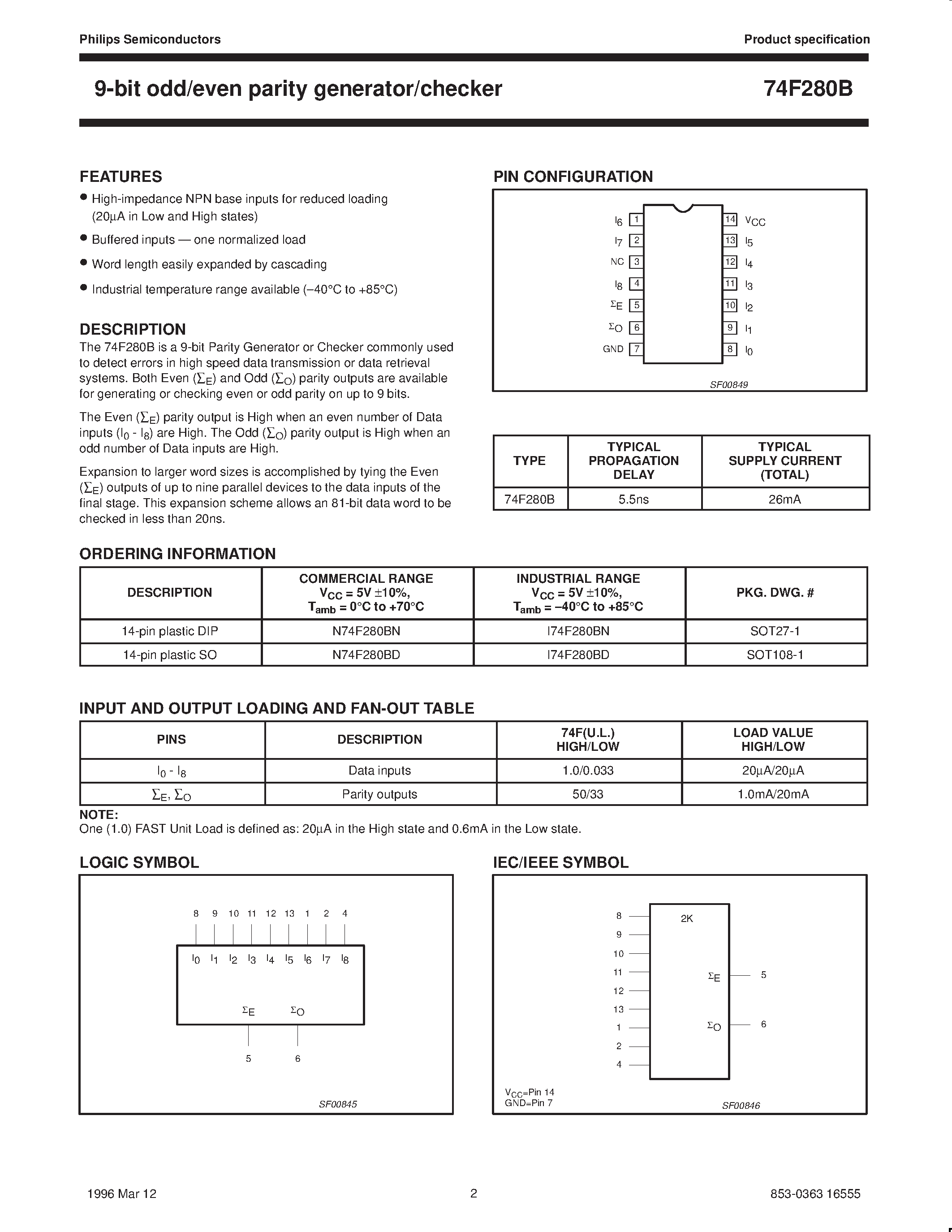Datasheet 74F280 - 9-bit odd/even parity generator/checker page 2