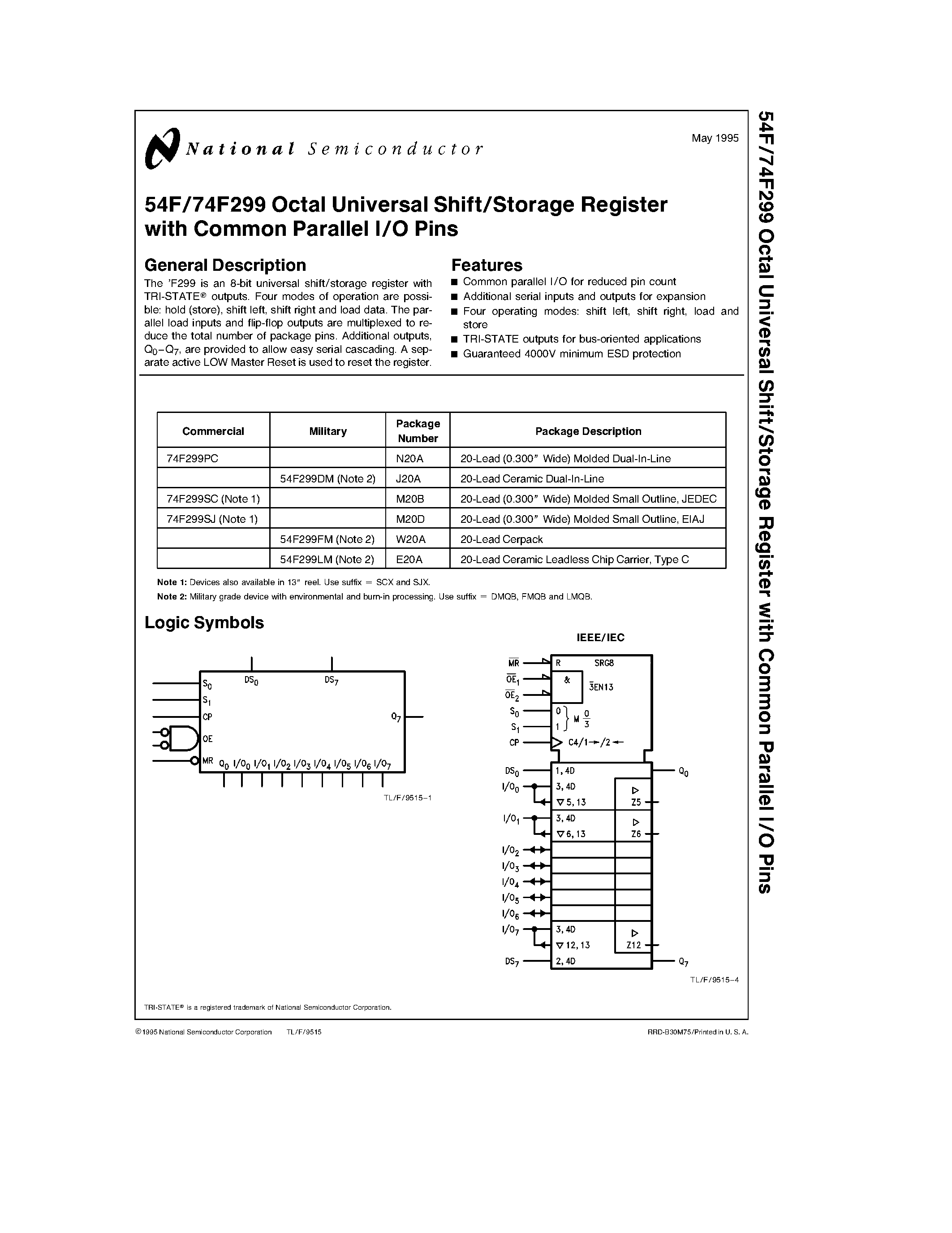 Datasheet 74F299 - Octal Universal Shift/Storage Register with Common Parallel I/O Pins page 1