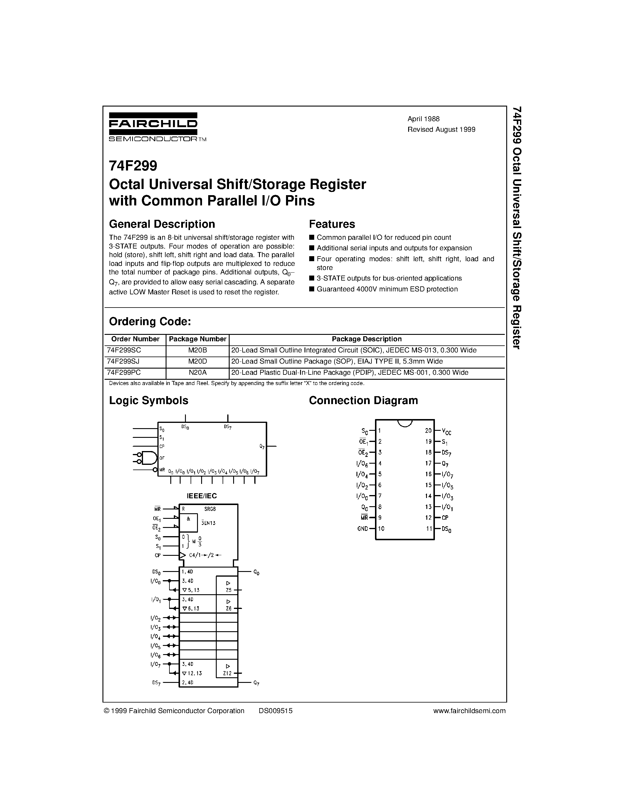 Даташит 74F299PC - Octal Universal Shift/Storage Register with Common Parallel I/O Pins страница 1