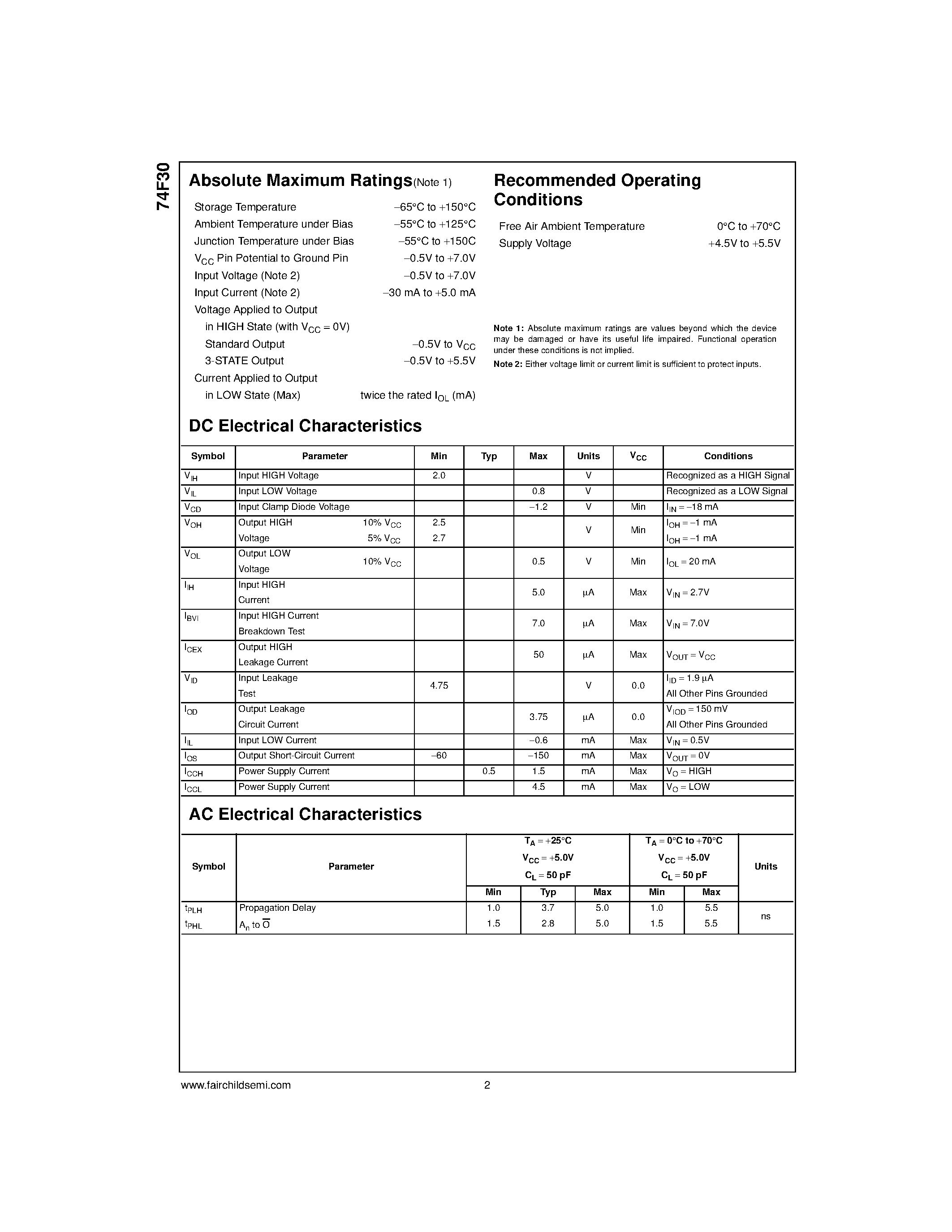 Datasheet 74F30 - 8-Input NAND Gate page 2