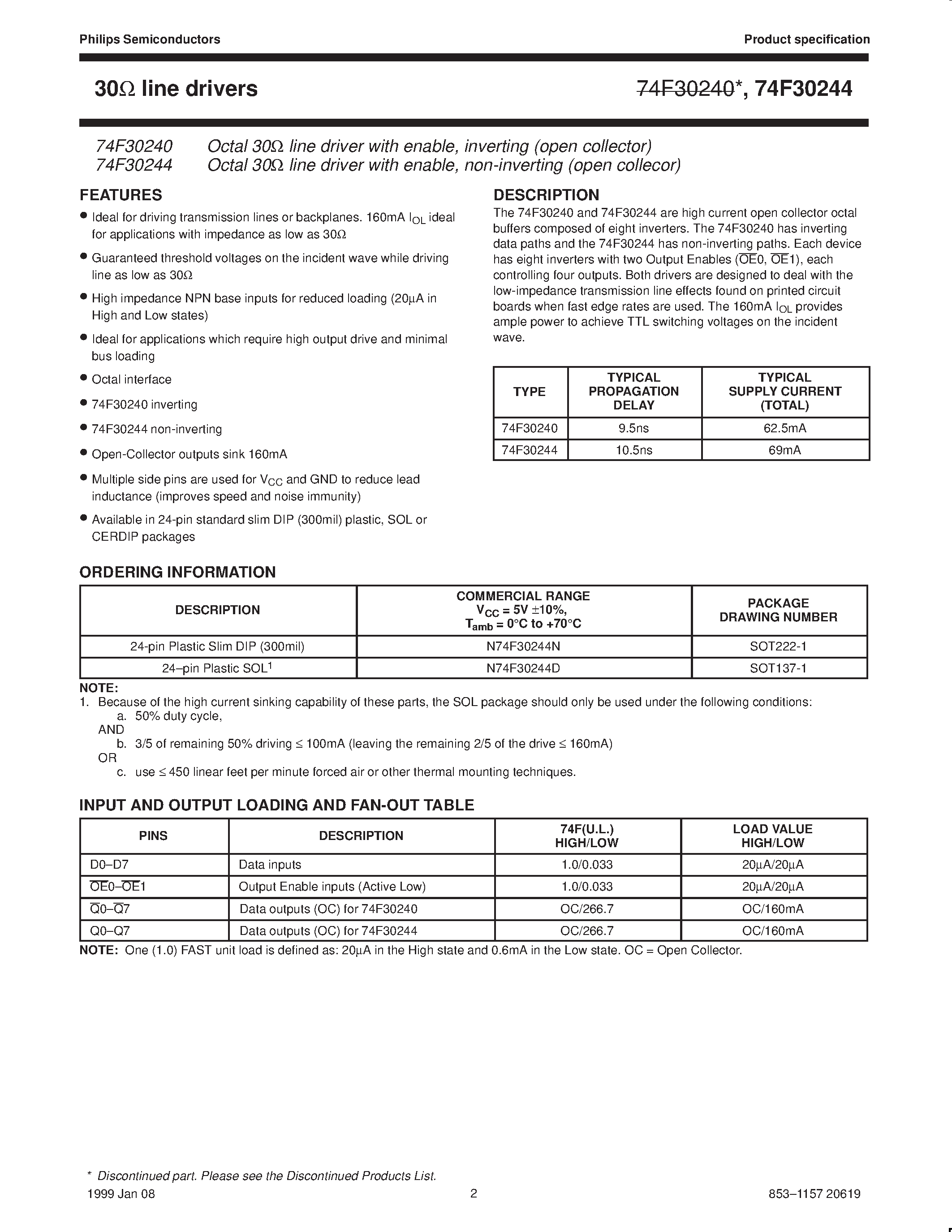 Datasheet 74F30240 - Octal 30ohm line driver with enable / non-inverting open collector page 2