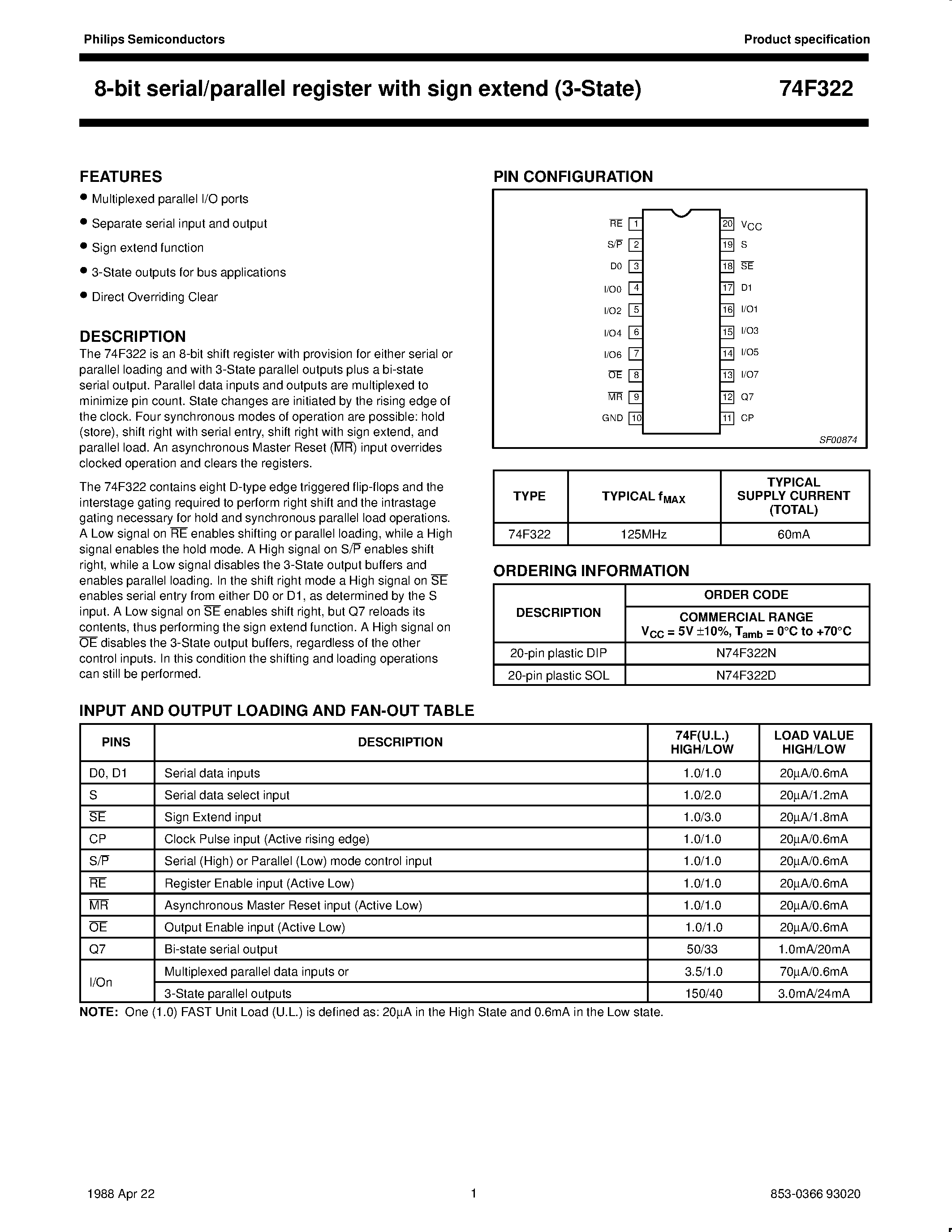 Datasheet 74F322 - 8-bit serial/parallel register with sign extend 3-State page 1