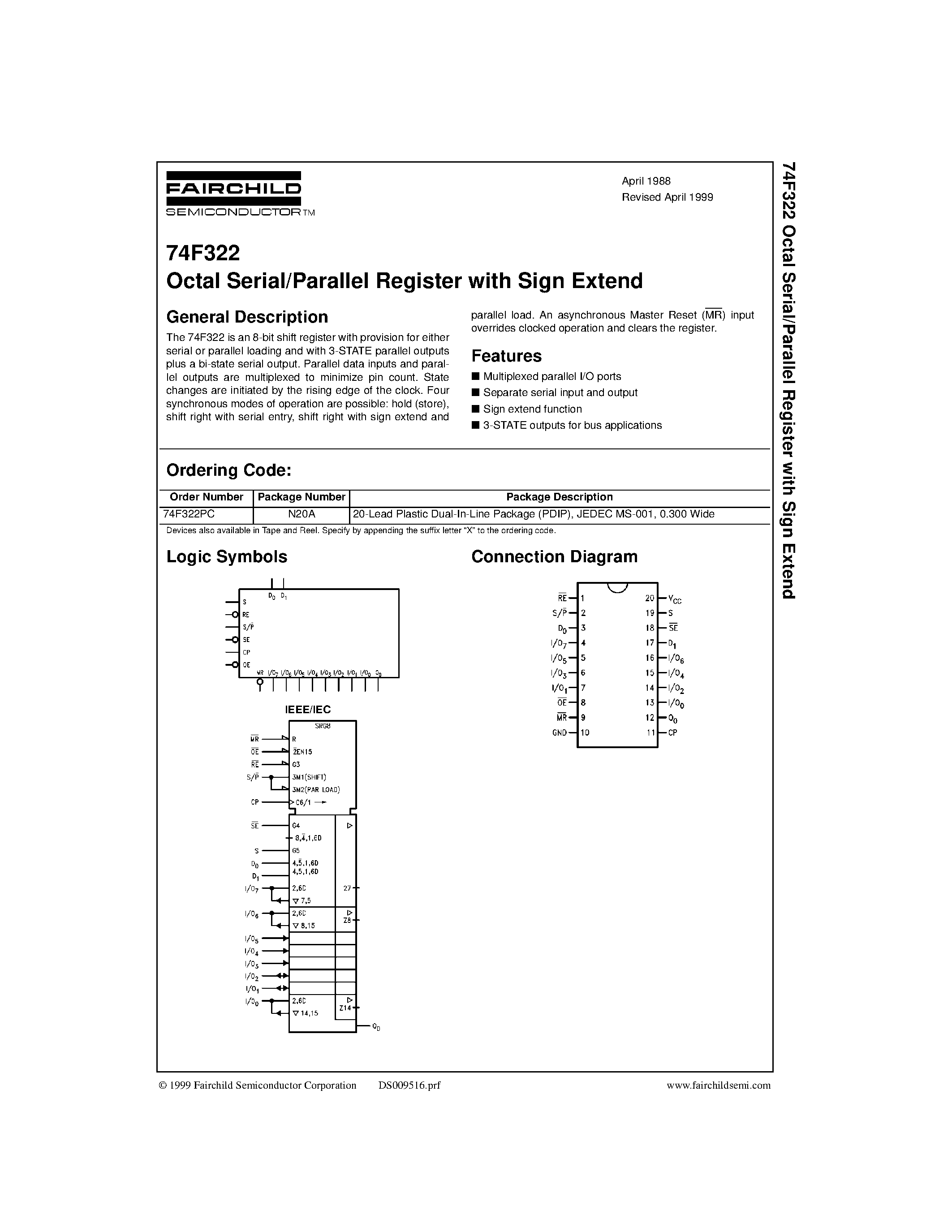 Datasheet 74F322PC - Octal Serial/Parallel Register with Sign Extend page 1