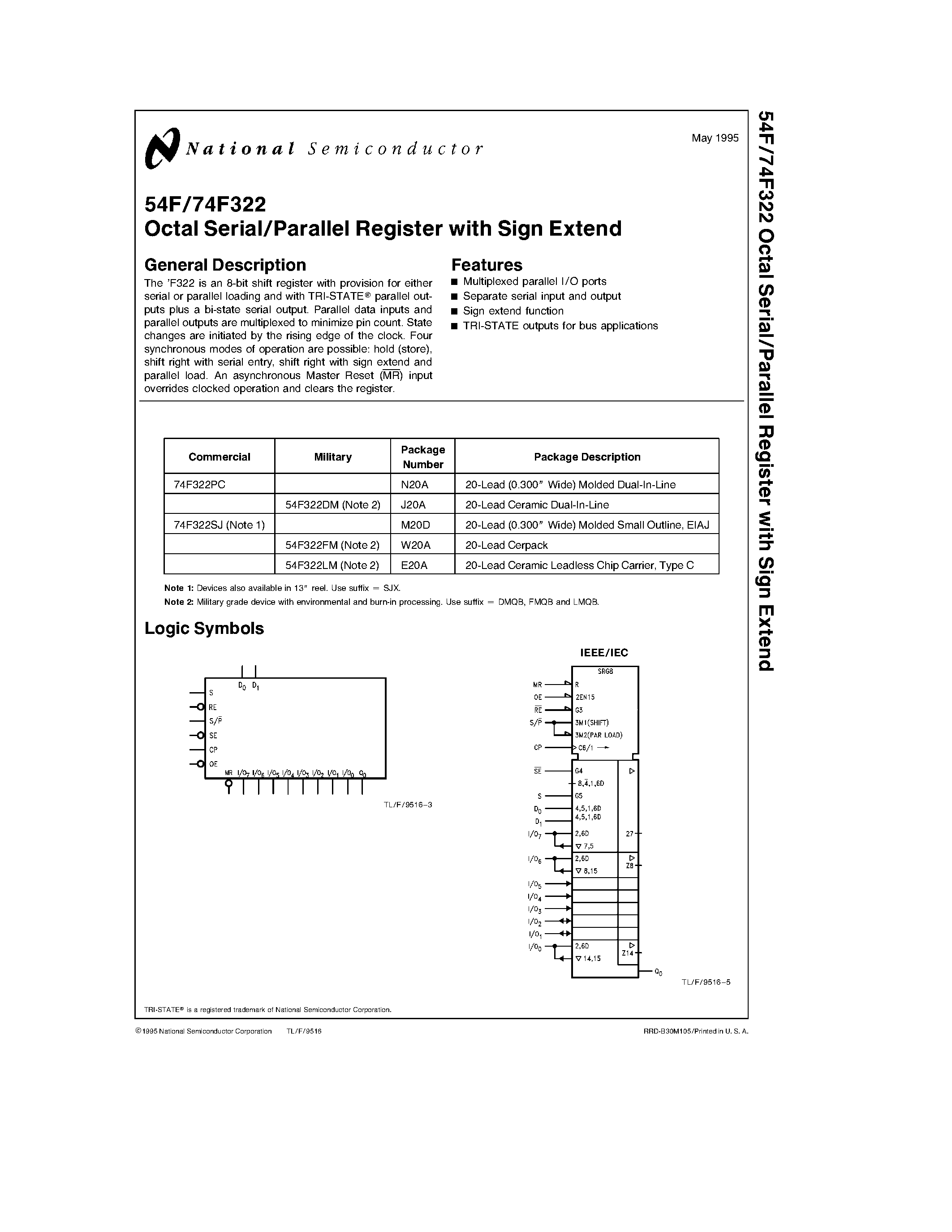 Datasheet 74F322SJ page 1 Datasheet 74F322SJ - Octal Serial/Parallel Register with Sign Extend page 1