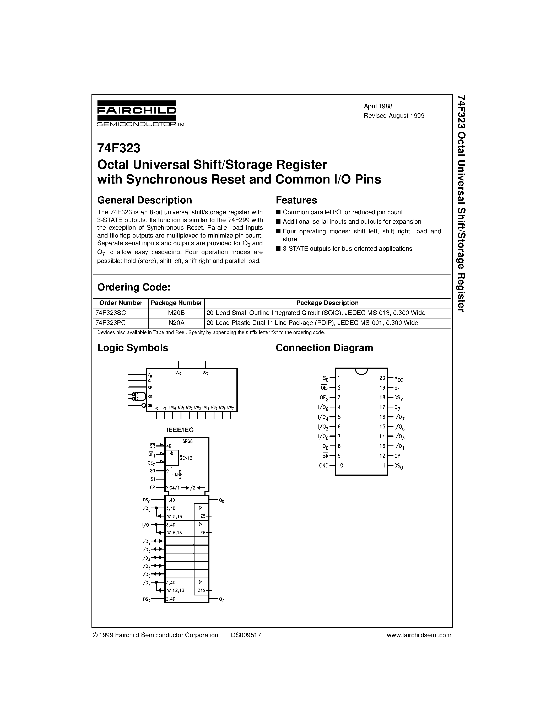 Datasheet 74F323 page 1 Datasheet 74F323 - Octal Universal Shift/Storage Register with Synchronous Reset and Common I/O Pins page 1