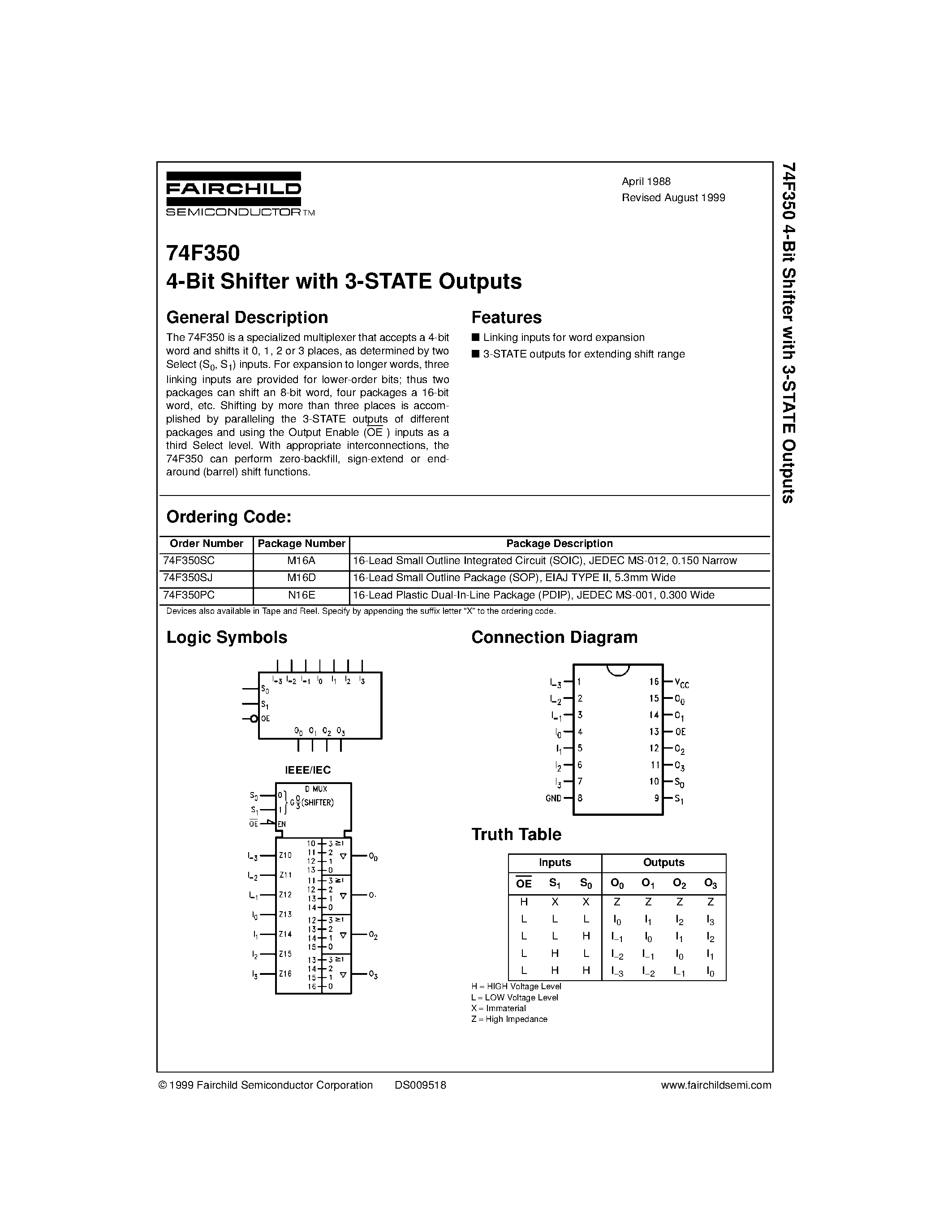 Datasheet 74F350SJ page 1 Datasheet 74F350SJ - 4-Bit Shifter with 3-STATE Outputs page 1