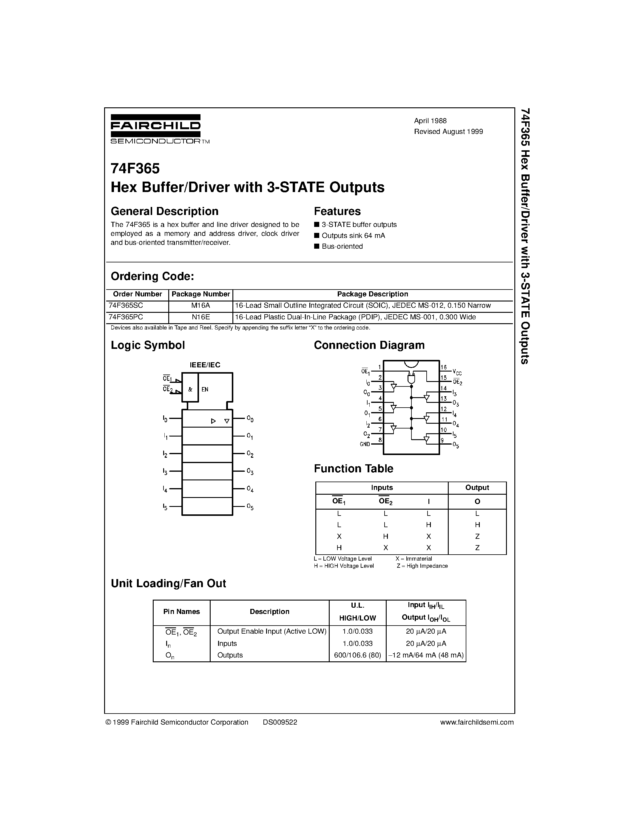 Datasheet 74F365PC - Hex Buffer/Driver with 3-STATE Outputs page 1