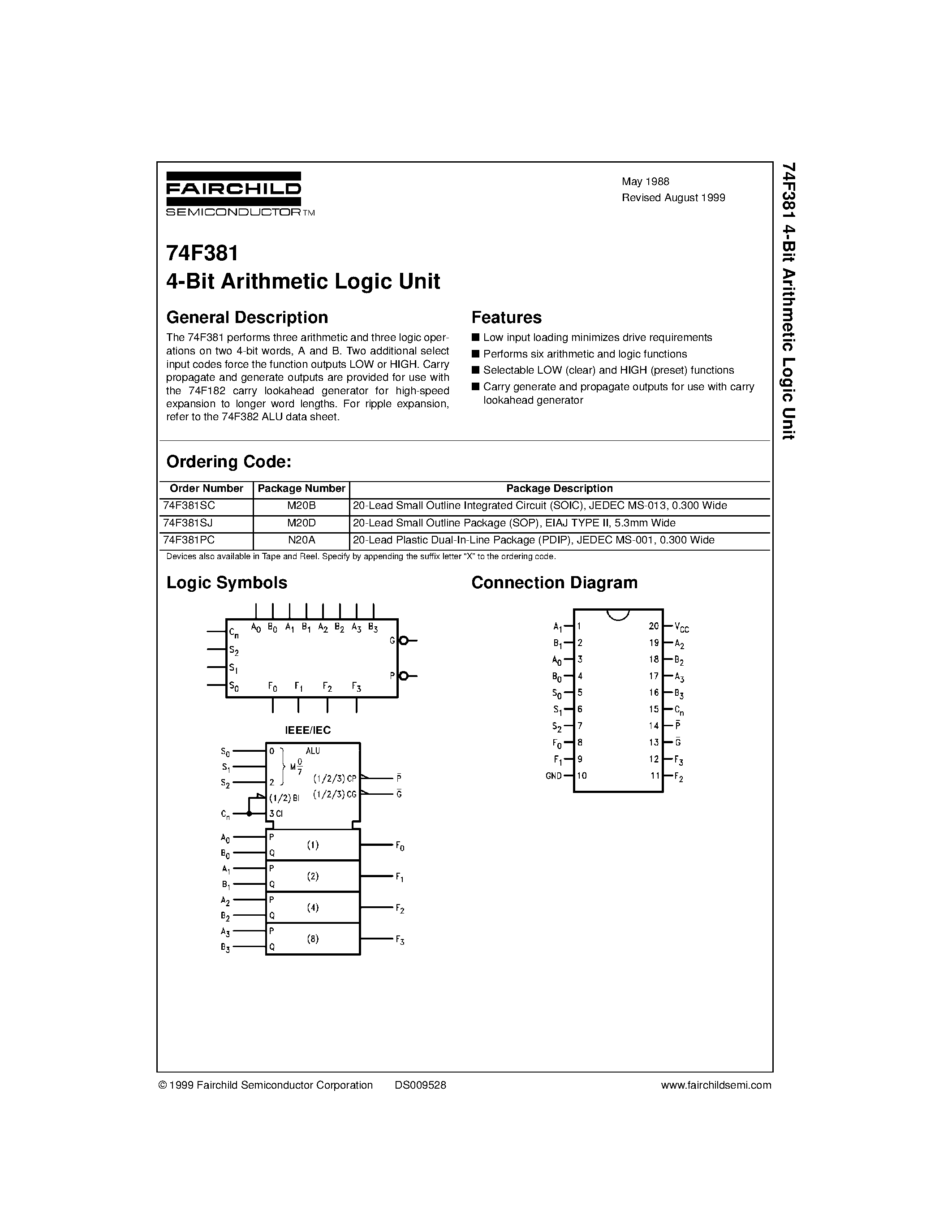 Datasheet 74F381SC - 4-Bit Arithmetic Logic Unit page 1