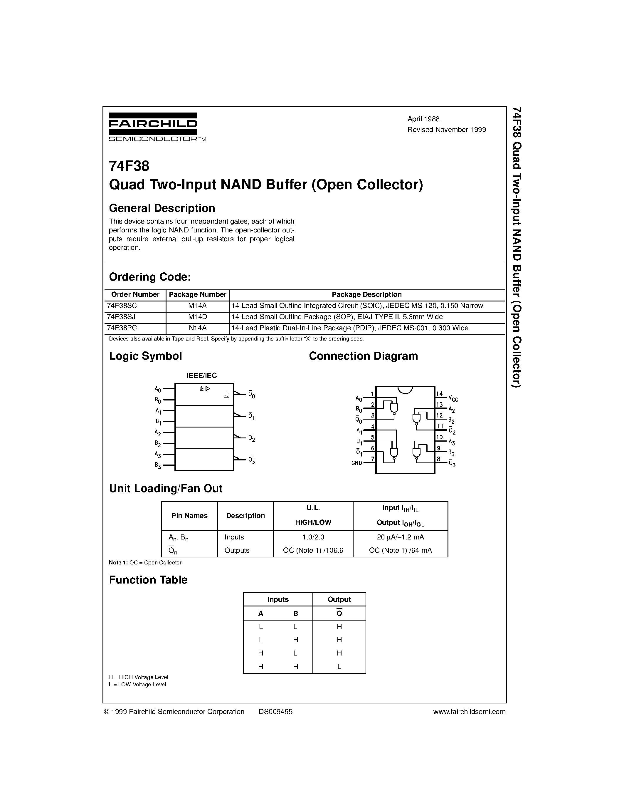 Datasheet 74F38PC - Quad Two-Input NAND Buffer (Open Collector) page 1