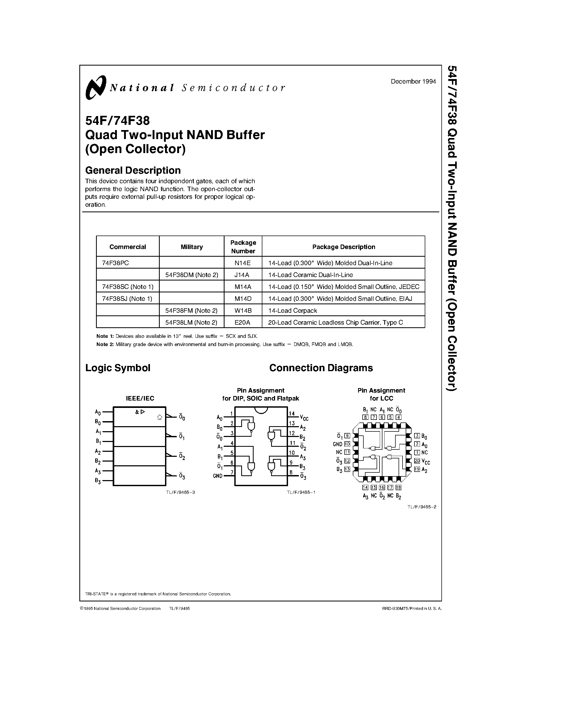 Datasheet 74F38SC - Quad Two-Input NAND Buffer (Open Collector) page 1