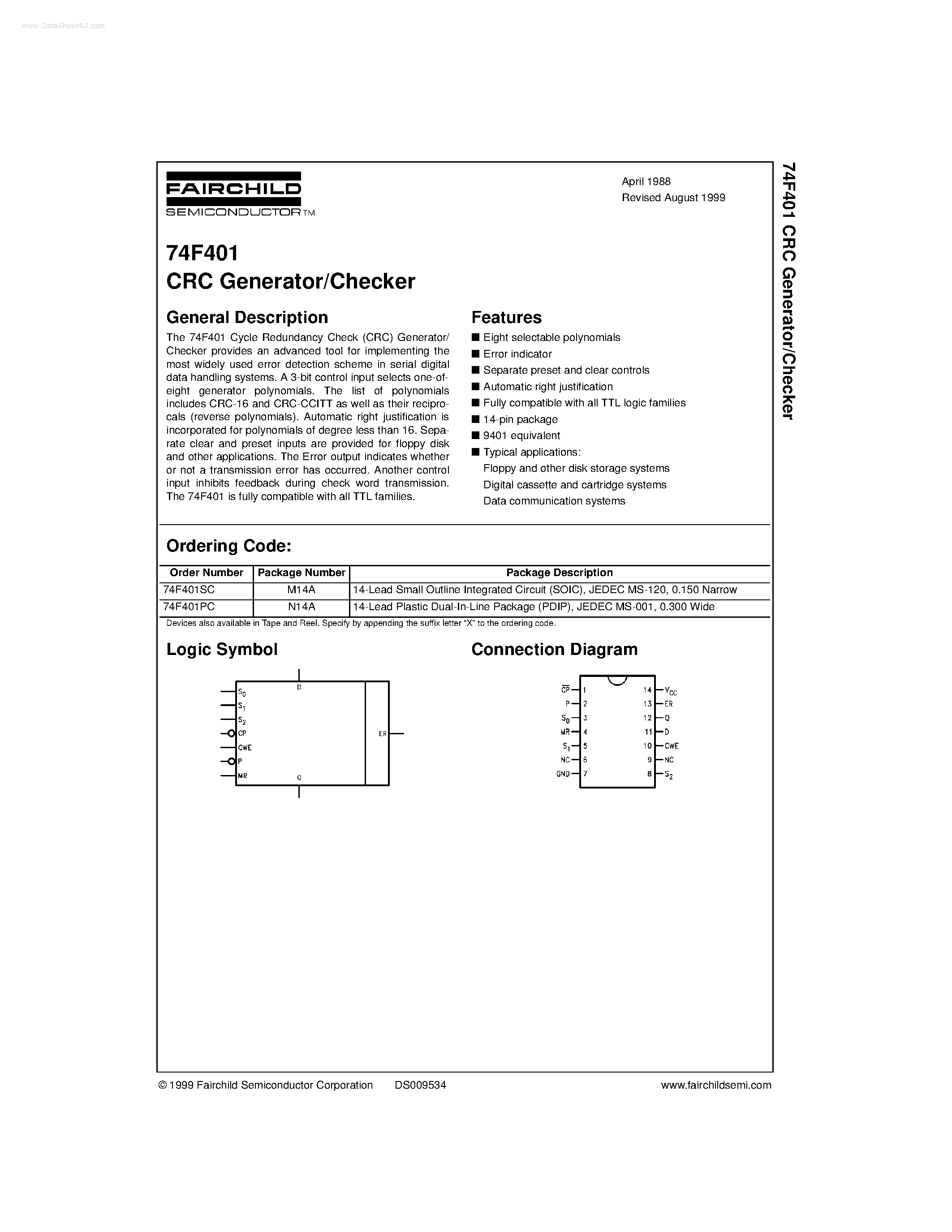 Datasheet 74F401 - CRC Generator/Checker page 1