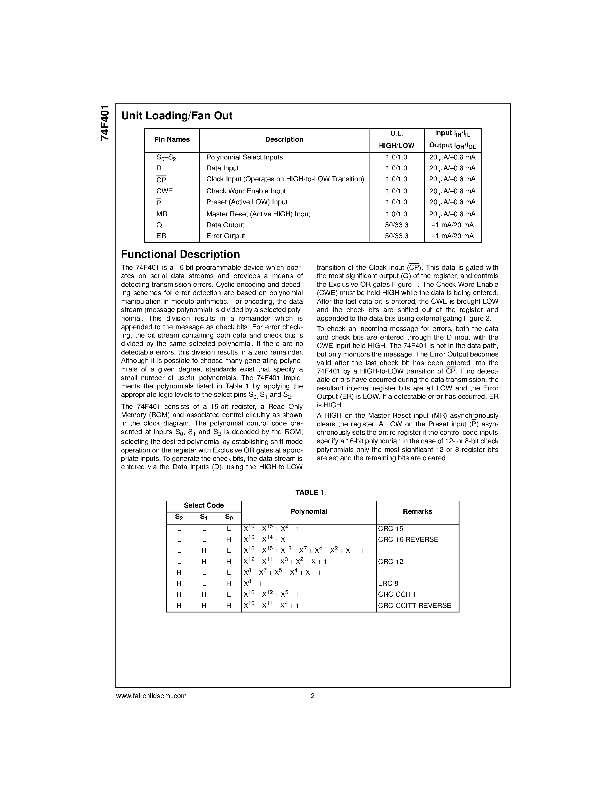 Datasheet 74F401PC - CRC Generator/Checker page 2