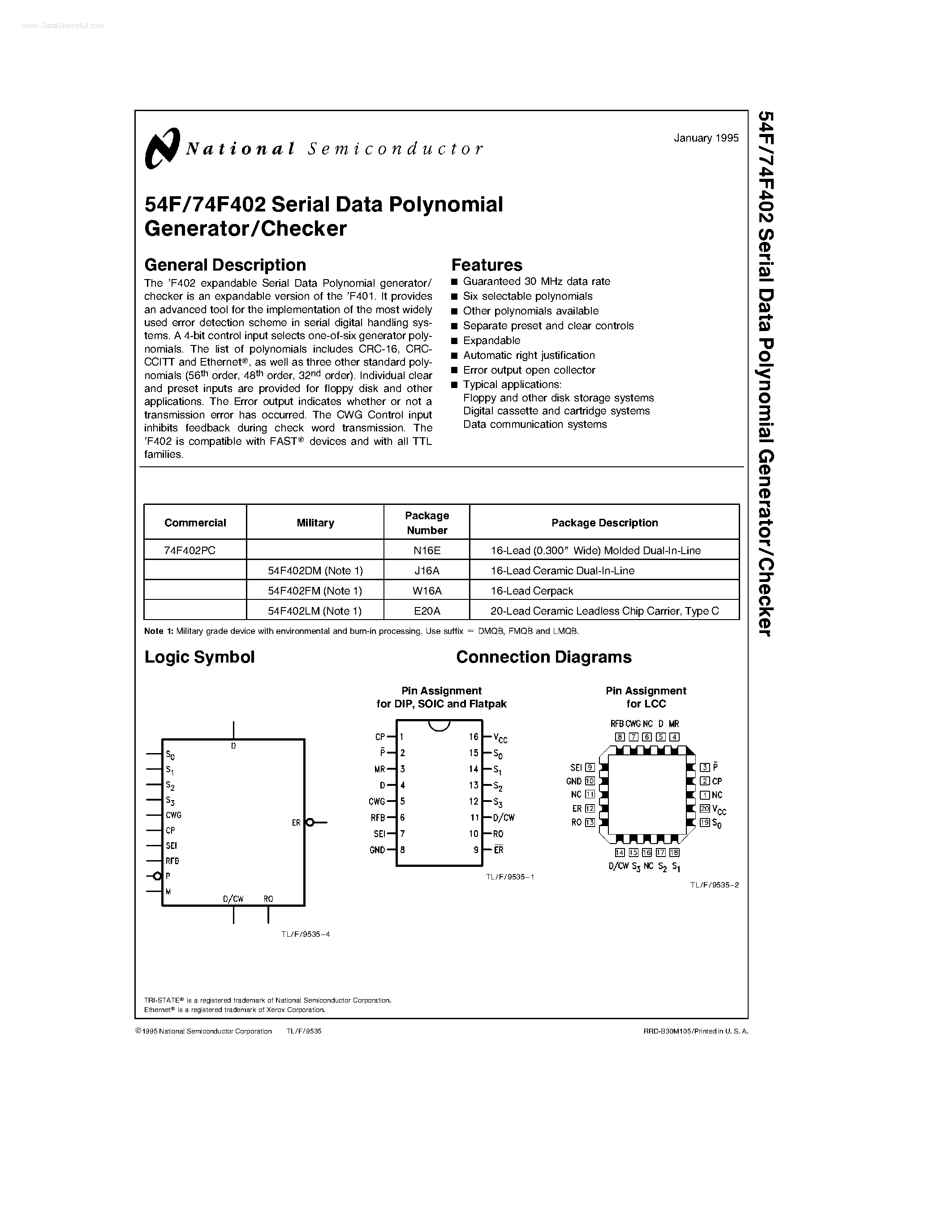 Datasheet 74F402 - Serial Data Polynomial Generator/Checker page 1